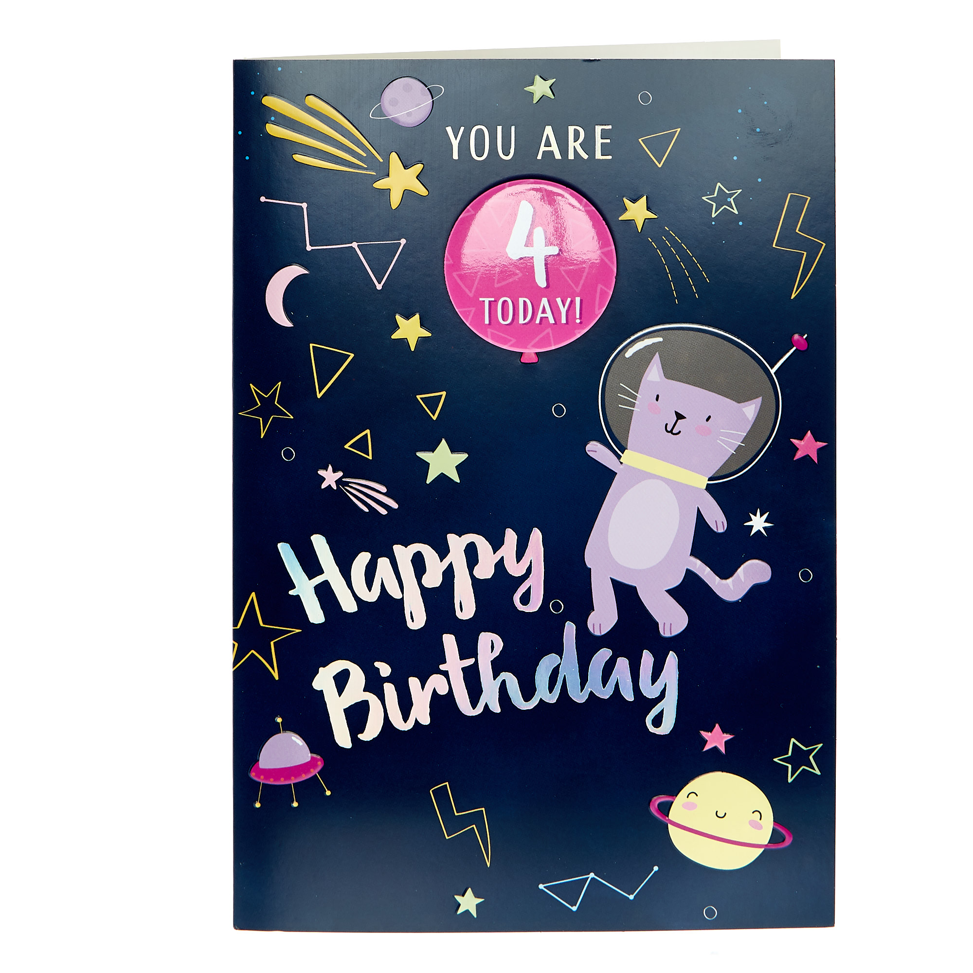 4th Birthday Card - Astro Cat (With Badge)