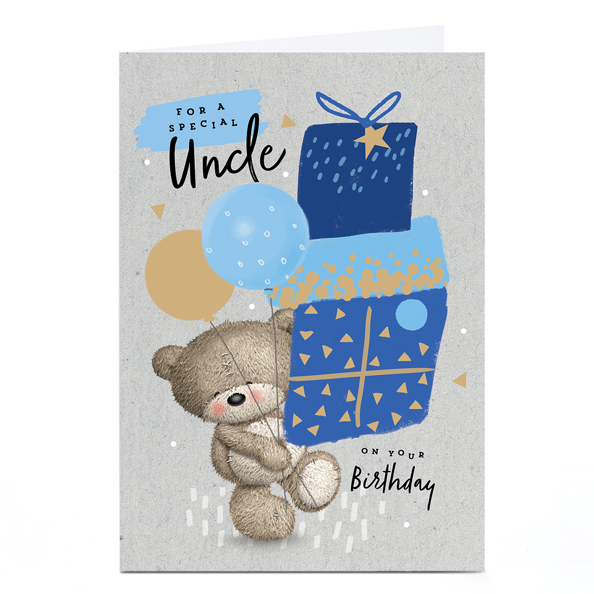 Personalised Hugs Birthday Card - Bear with Blue Pile of Presents, Uncle