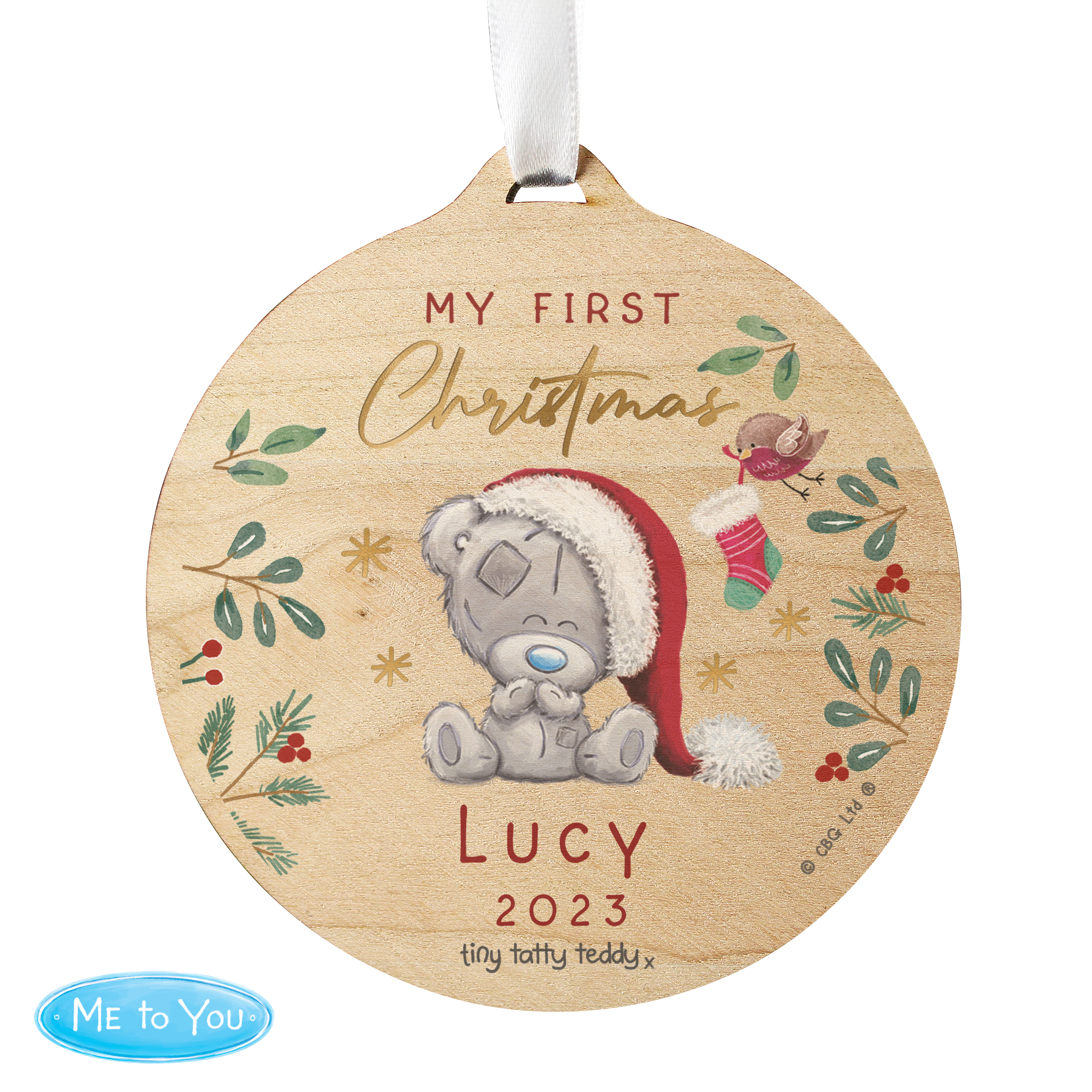 Personalised First Christmas Tiny Tatty Teddy Wooden Decoration