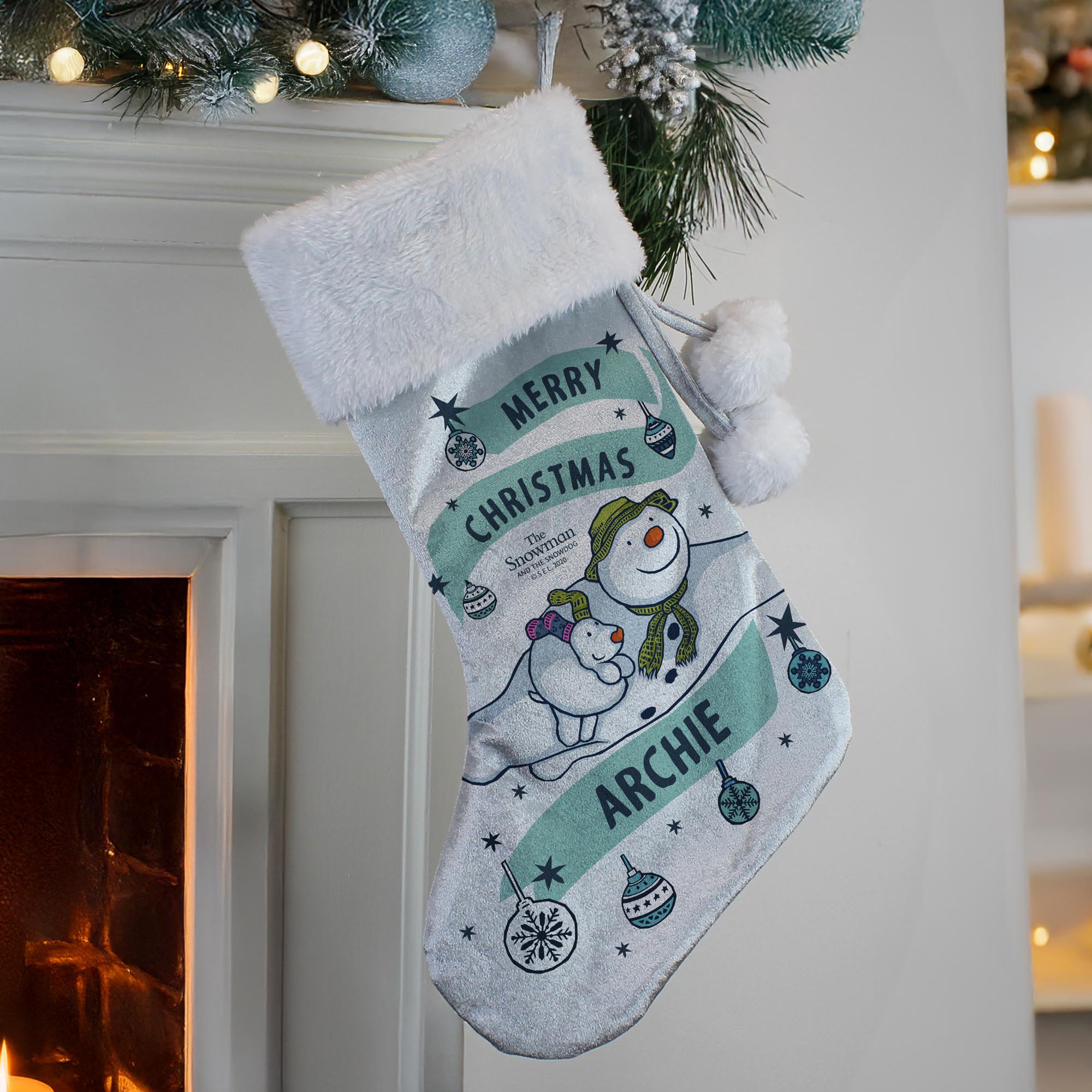 Personalised The Snowman & the Snowdog Luxury Silver Grey Stocking