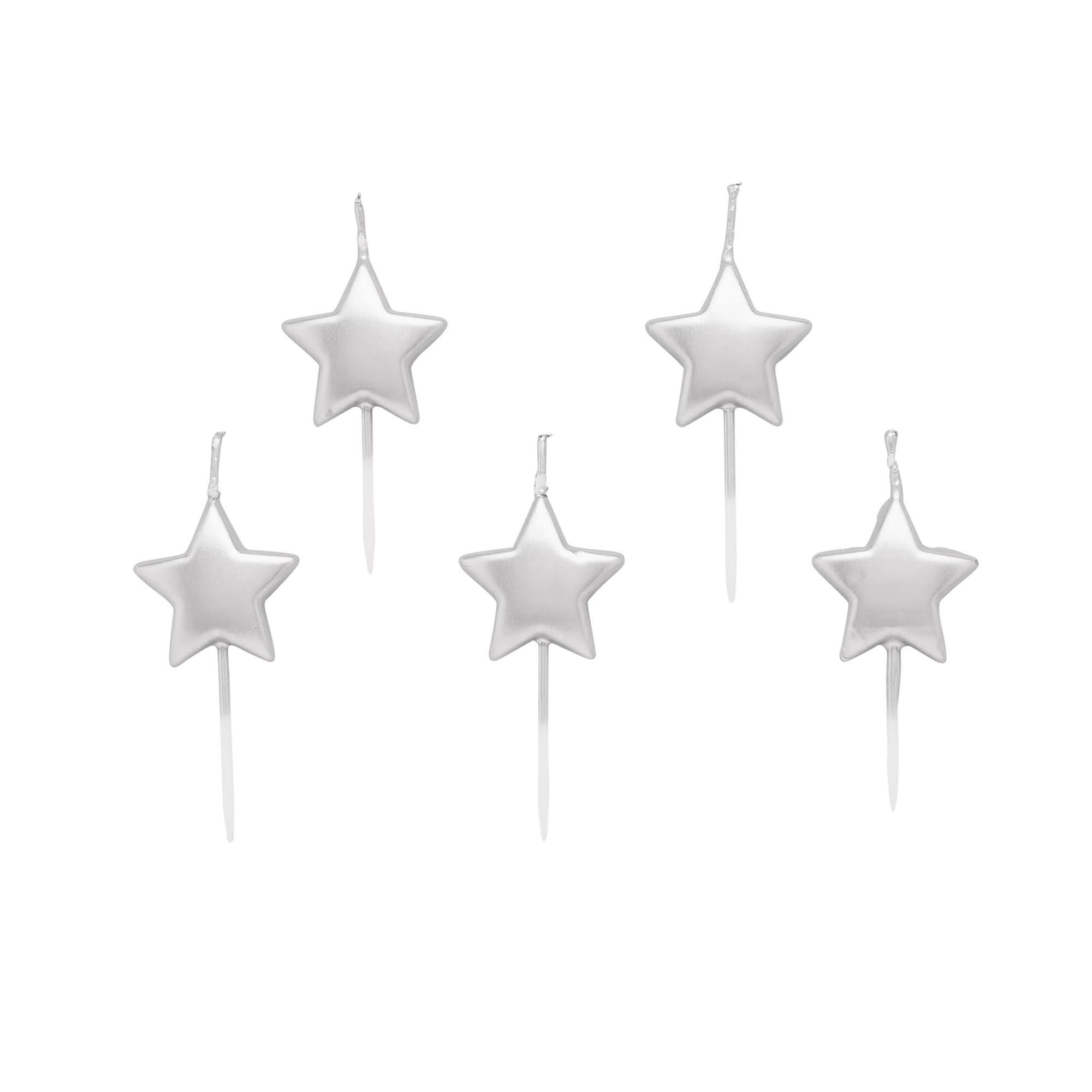 Silver Metallic Star Cake Candles - Pack of 5