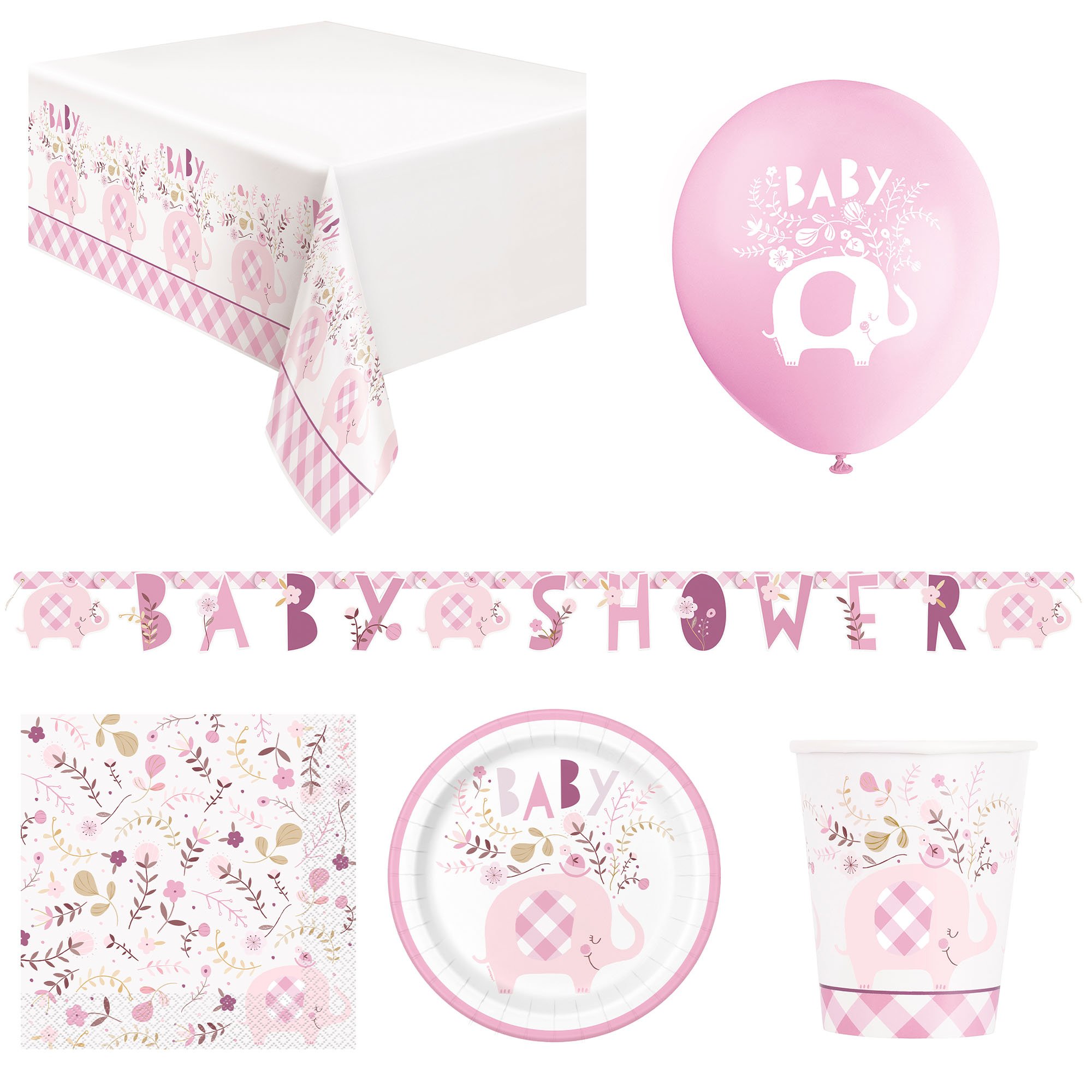 Pink Elephant Baby Shower Tableware & Decorations - 16 Guests 