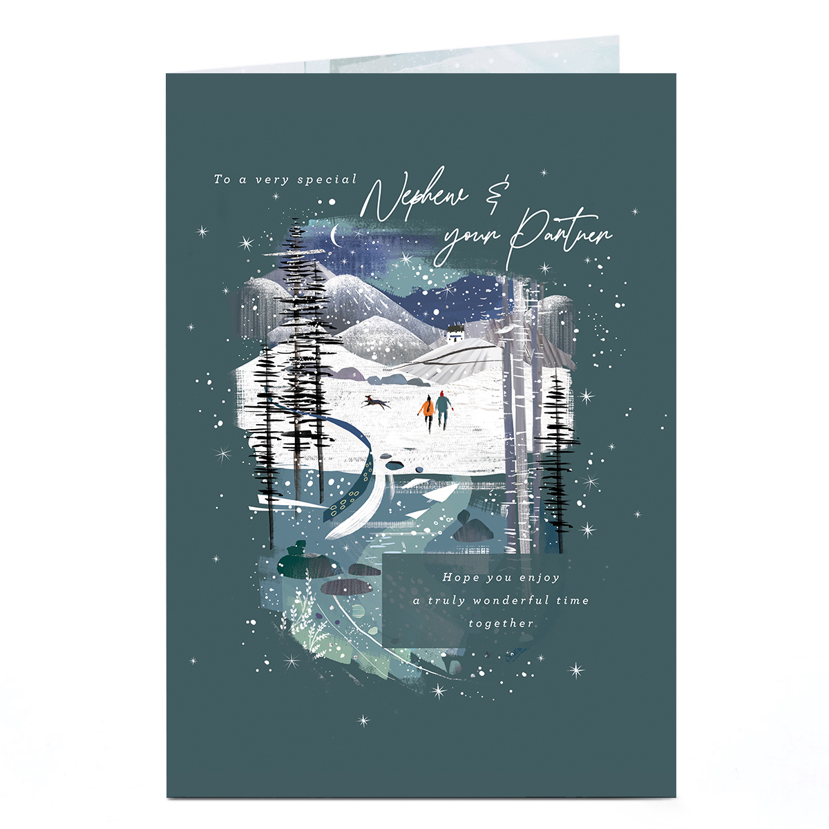 Christmas Card - Snowy Hills and Lake, Special Nephew & Your Partner