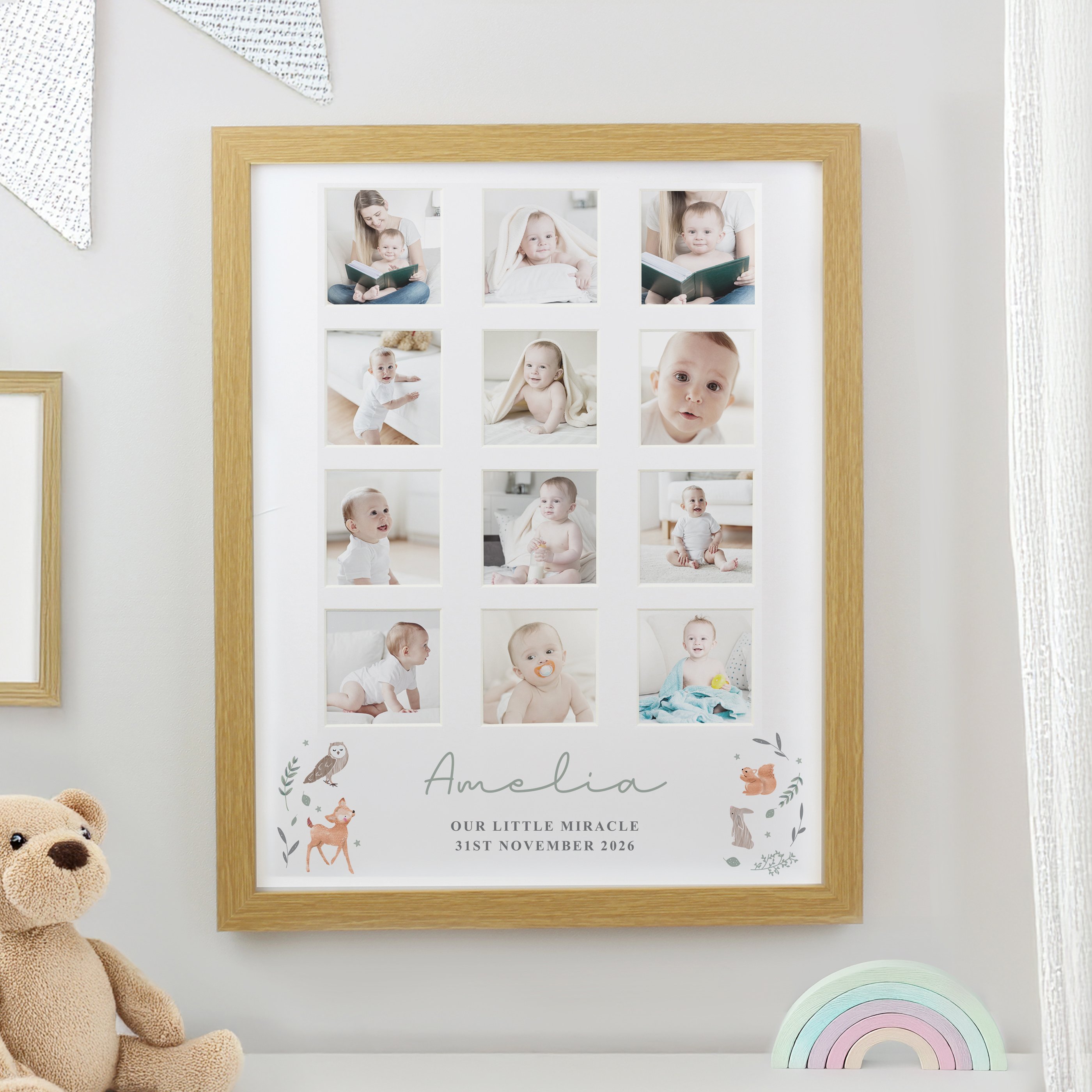 Personalised Woodland Animal Oak Multi Photo Frame