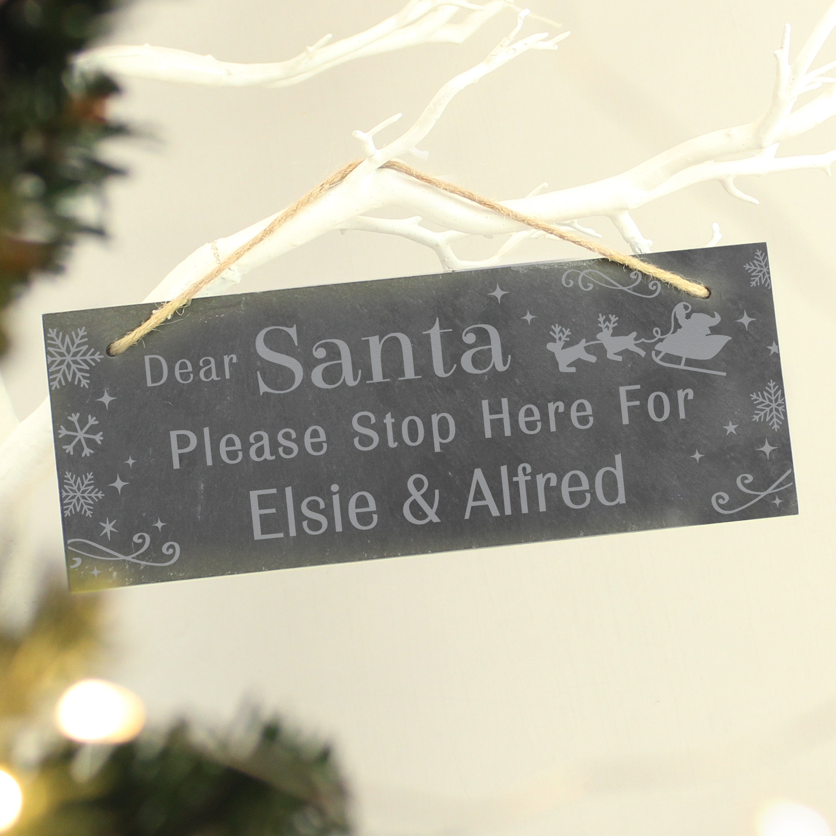 Personalised Santa Please Stop Here Hanging Slate Sign