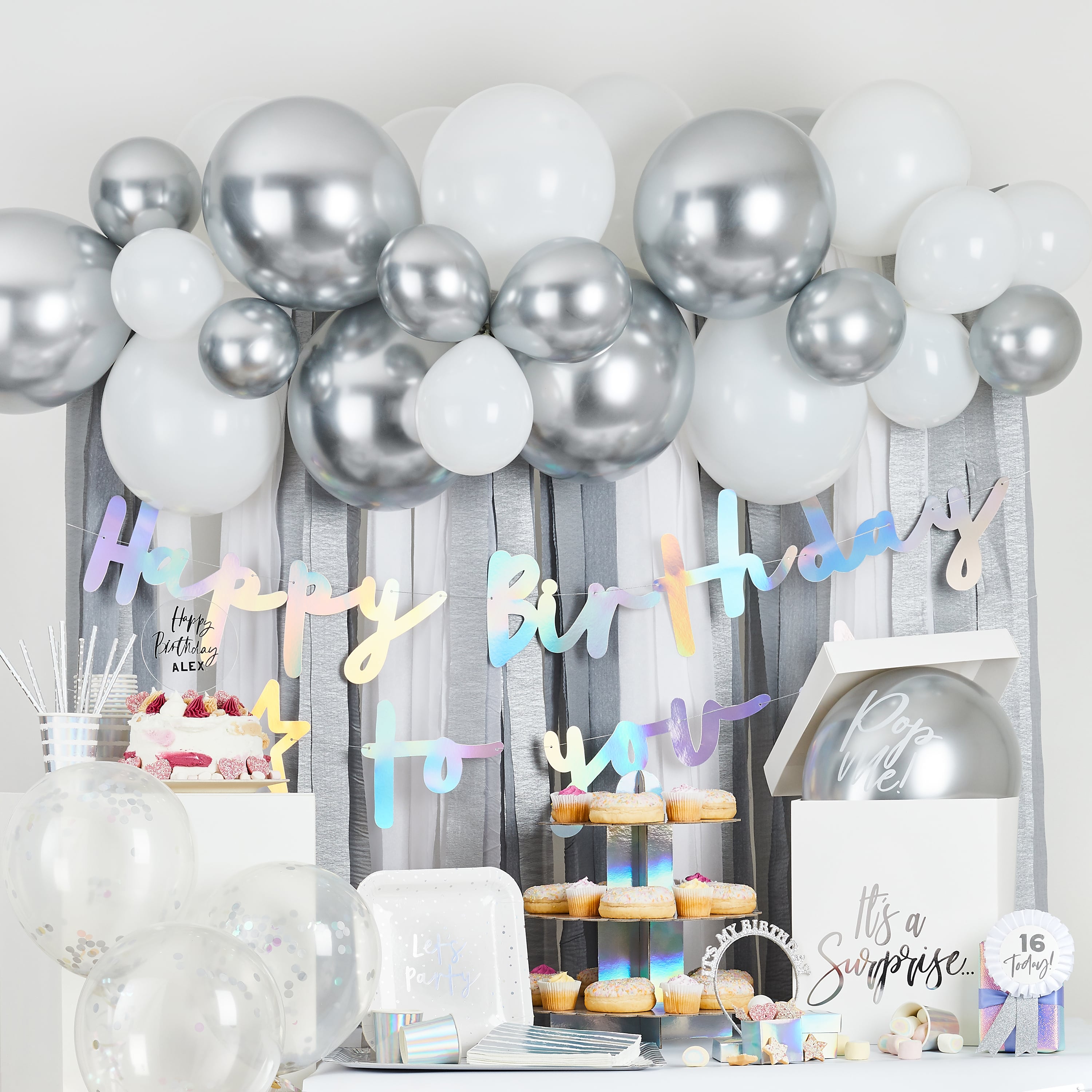 Silver Metallic Balloon & Streamer Backdrop Kit