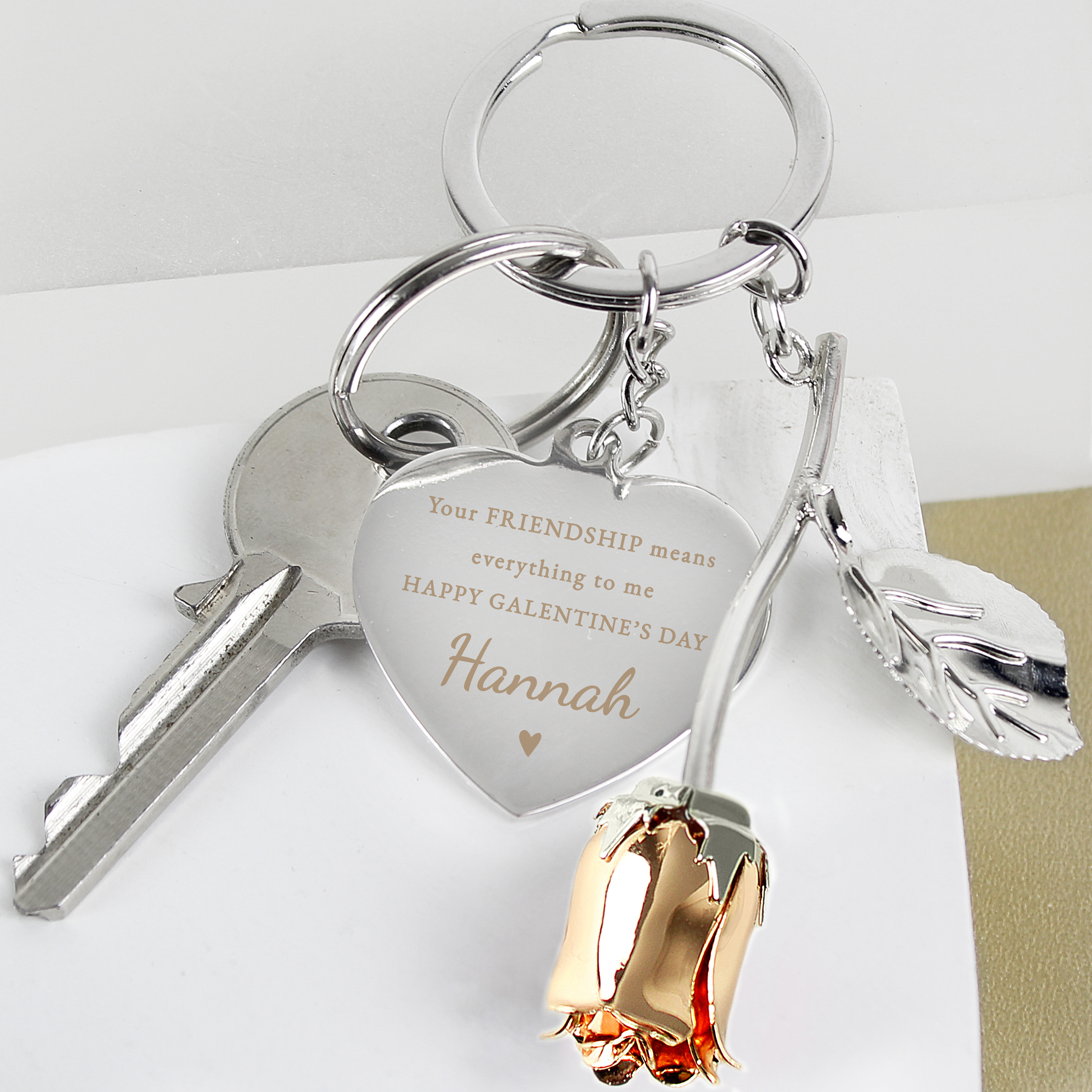 Personalised Galentine's Rose & Heart Keyring 