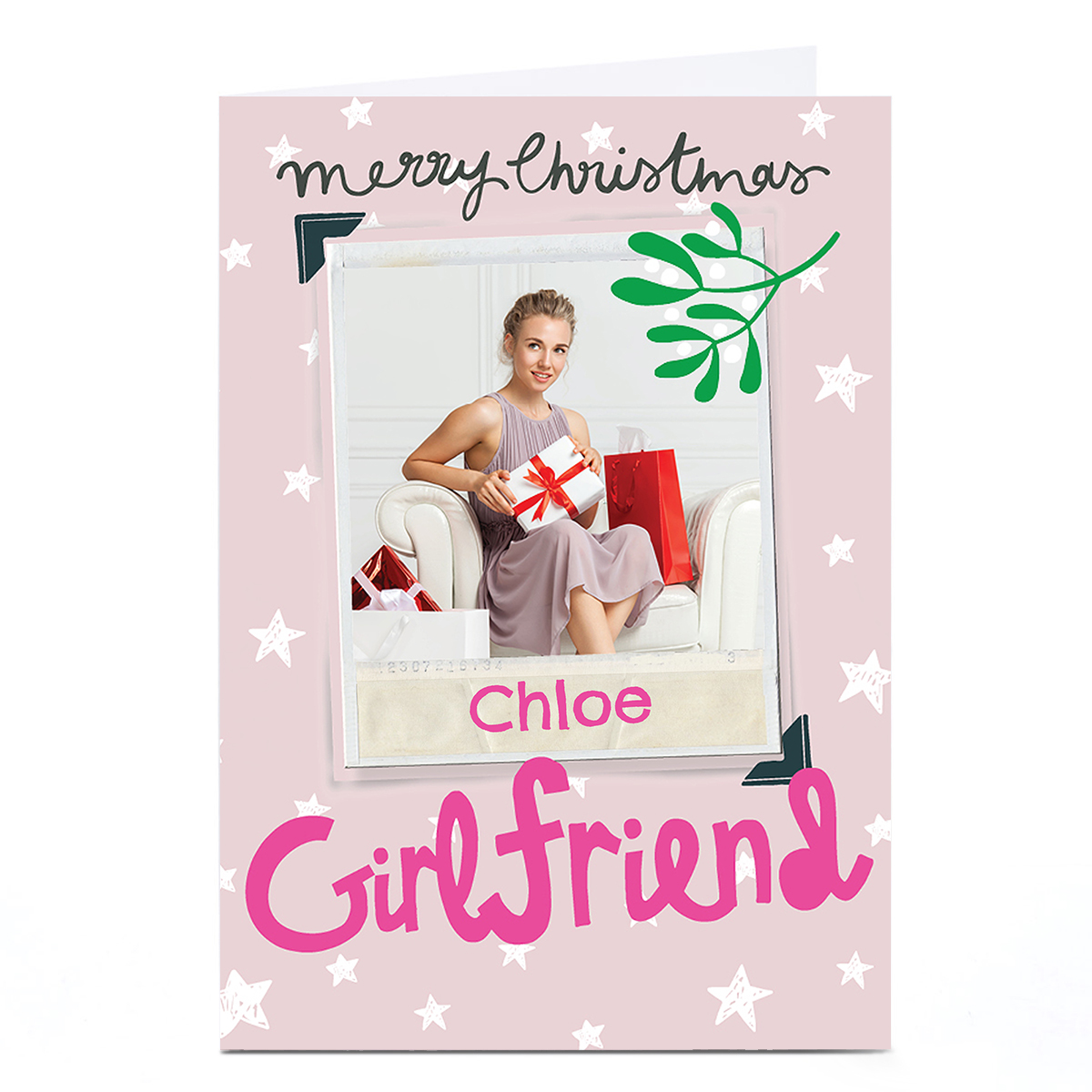 Photo Bev Hopwood Christmas Card - Pink Polaroid and Mistletoe, Girfriend