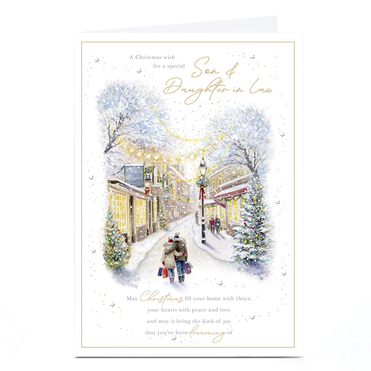 Personalised Christmas Card - Snowy Town Couple Shopping, Son & Daughter in Law