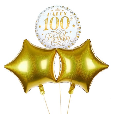 White & Gold 100th Birthday Balloon Bouquet - DELIVERED INFLATED!