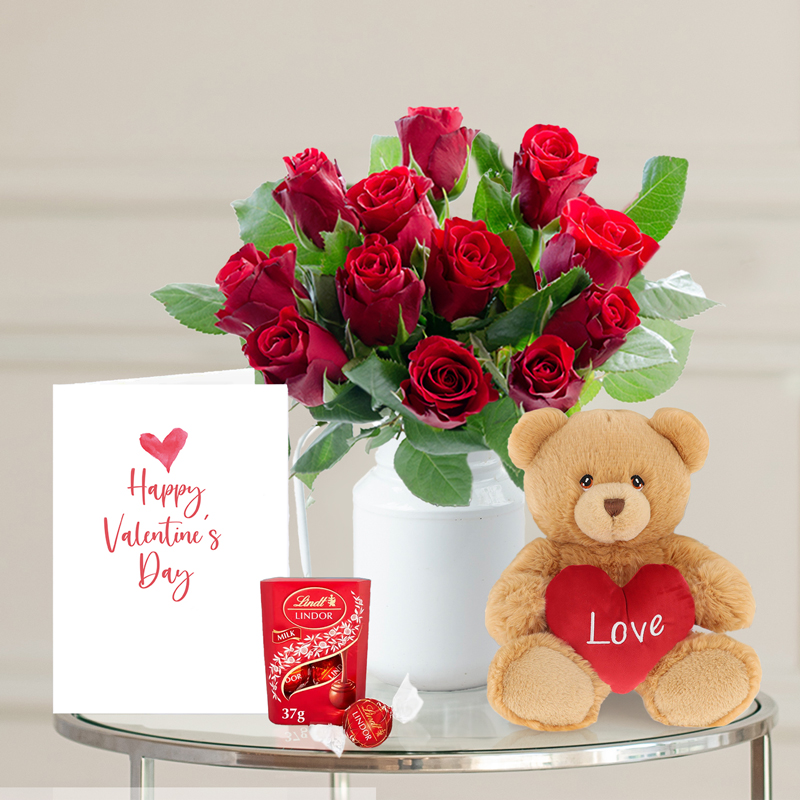 12 Red Roses, Lindor Chocolates, Bear & Valentine's Card Bundle - Free Delivery!