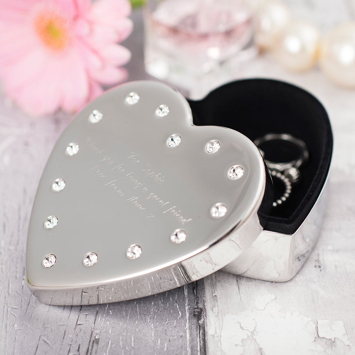 Personalised Engraved Diamante Heart-Shaped Jewellery Box