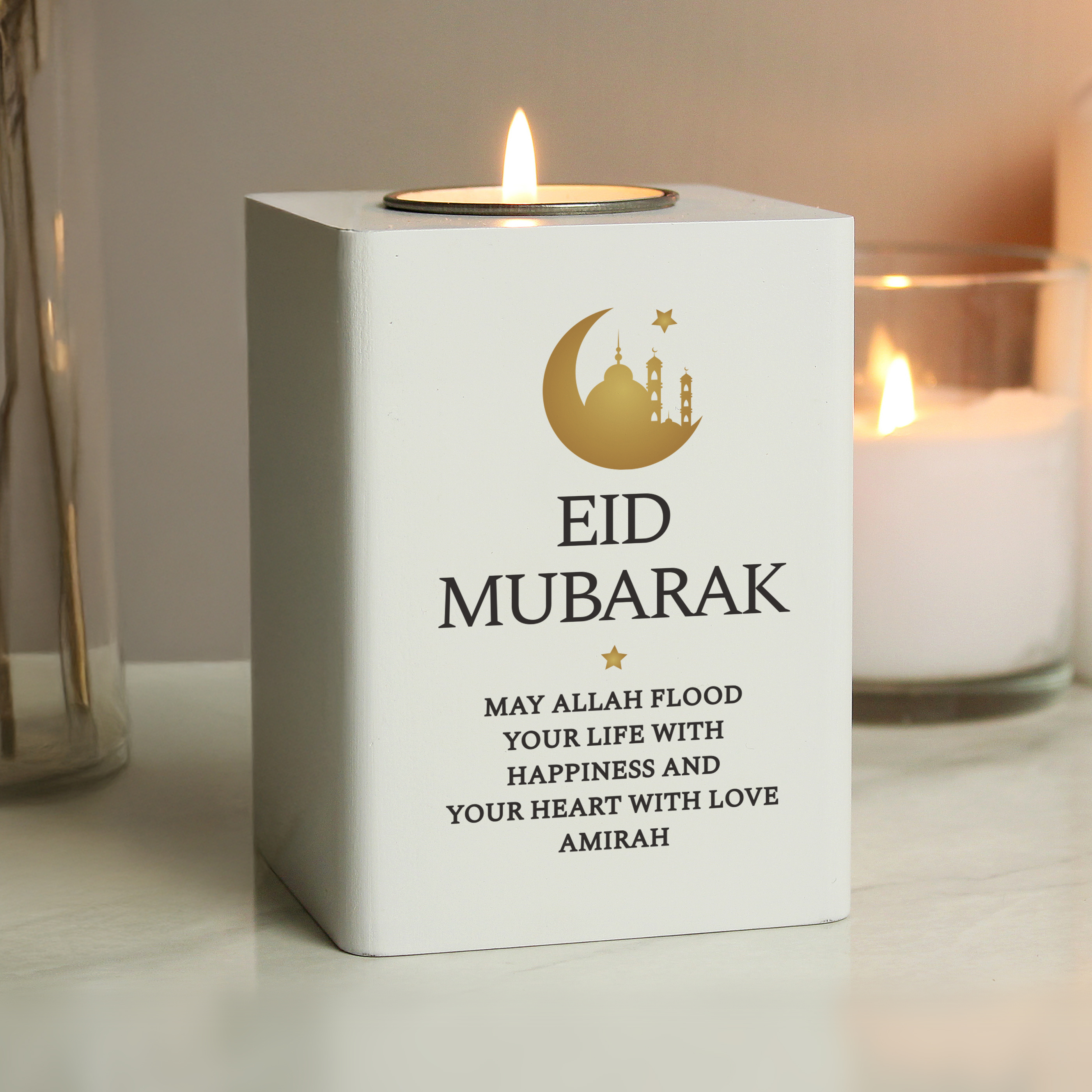 Personalised Eid & Ramadan White Wooden Tea Light Holder