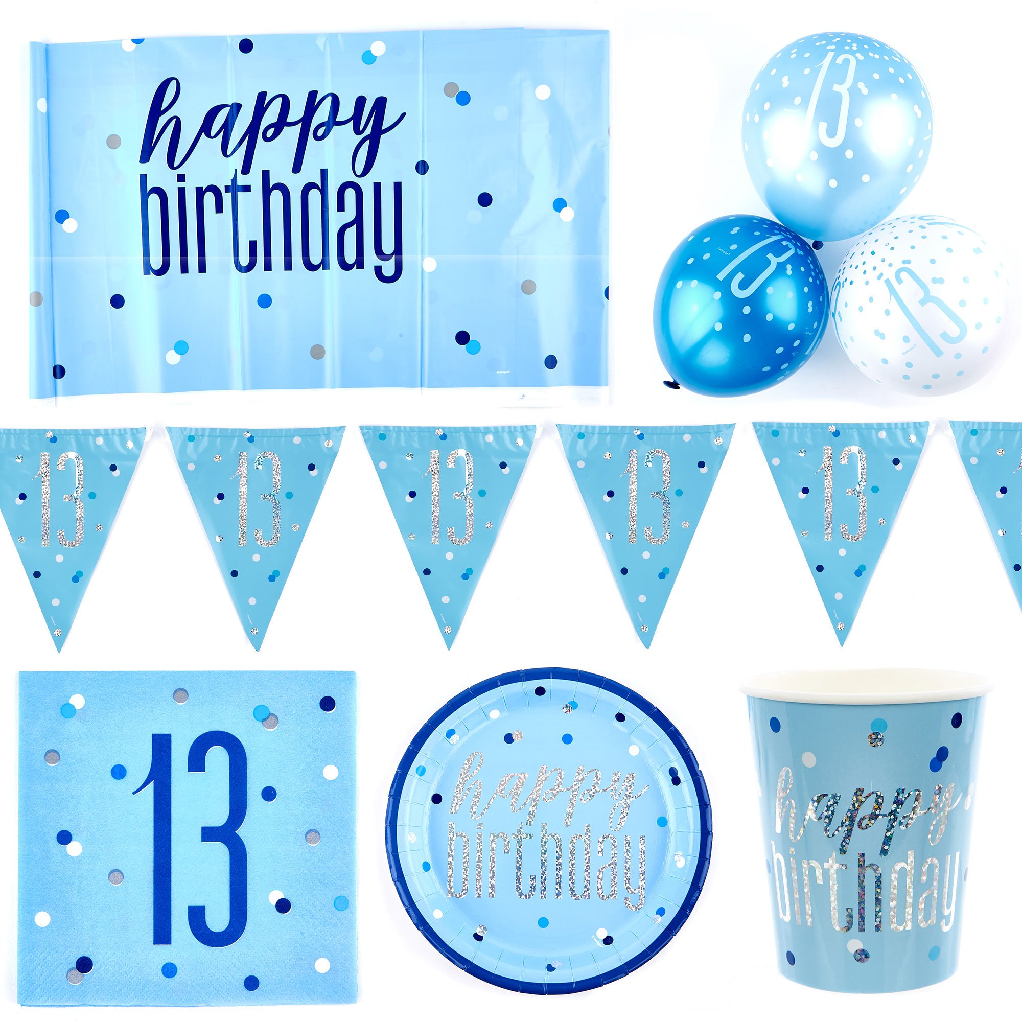 Blue 13th Birthday Party Tableware & Decorations Bundle