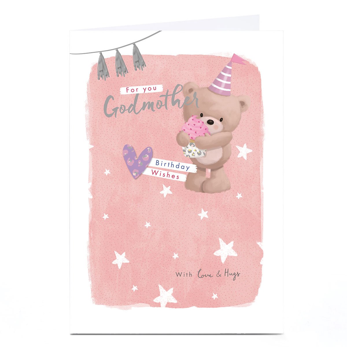 Personalised Hugs Birthday Card - Pink Pastels Bear with Cupcake, Godmother