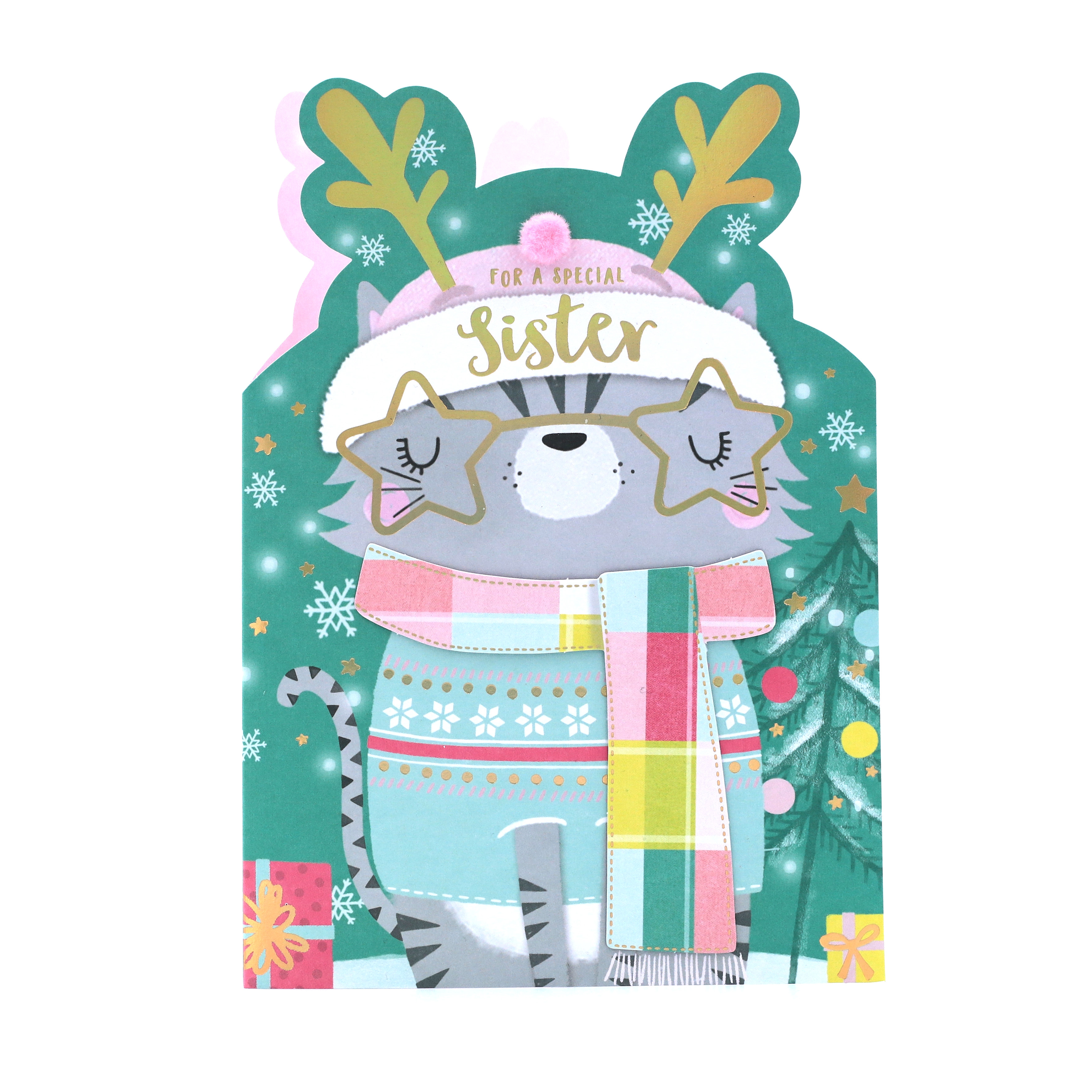 Christmas Card - Sister, Cat With Reindeer Ears