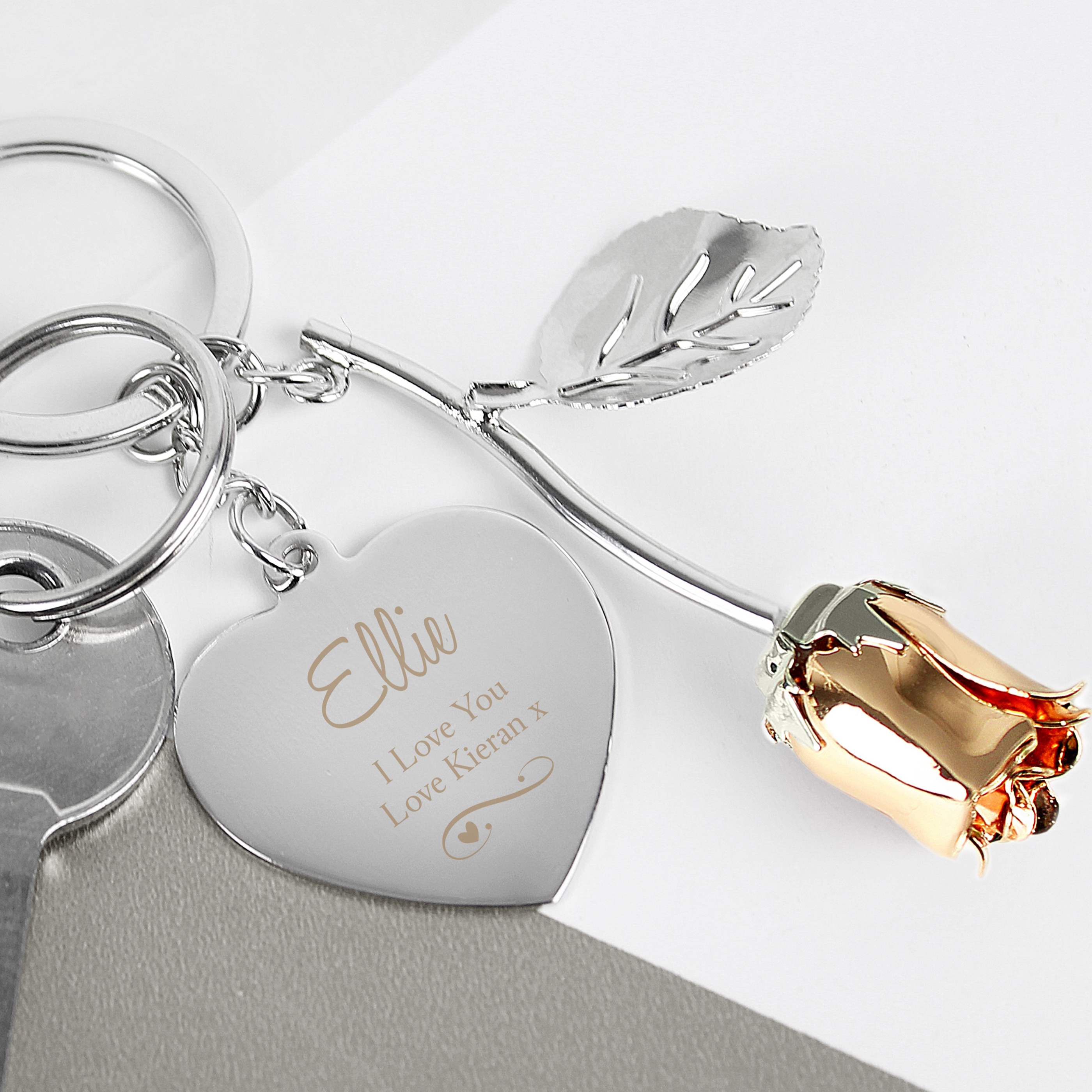 Personalised Silver Plated Heart & Rose Gold Rose Keyring Engraved Gift For Her 