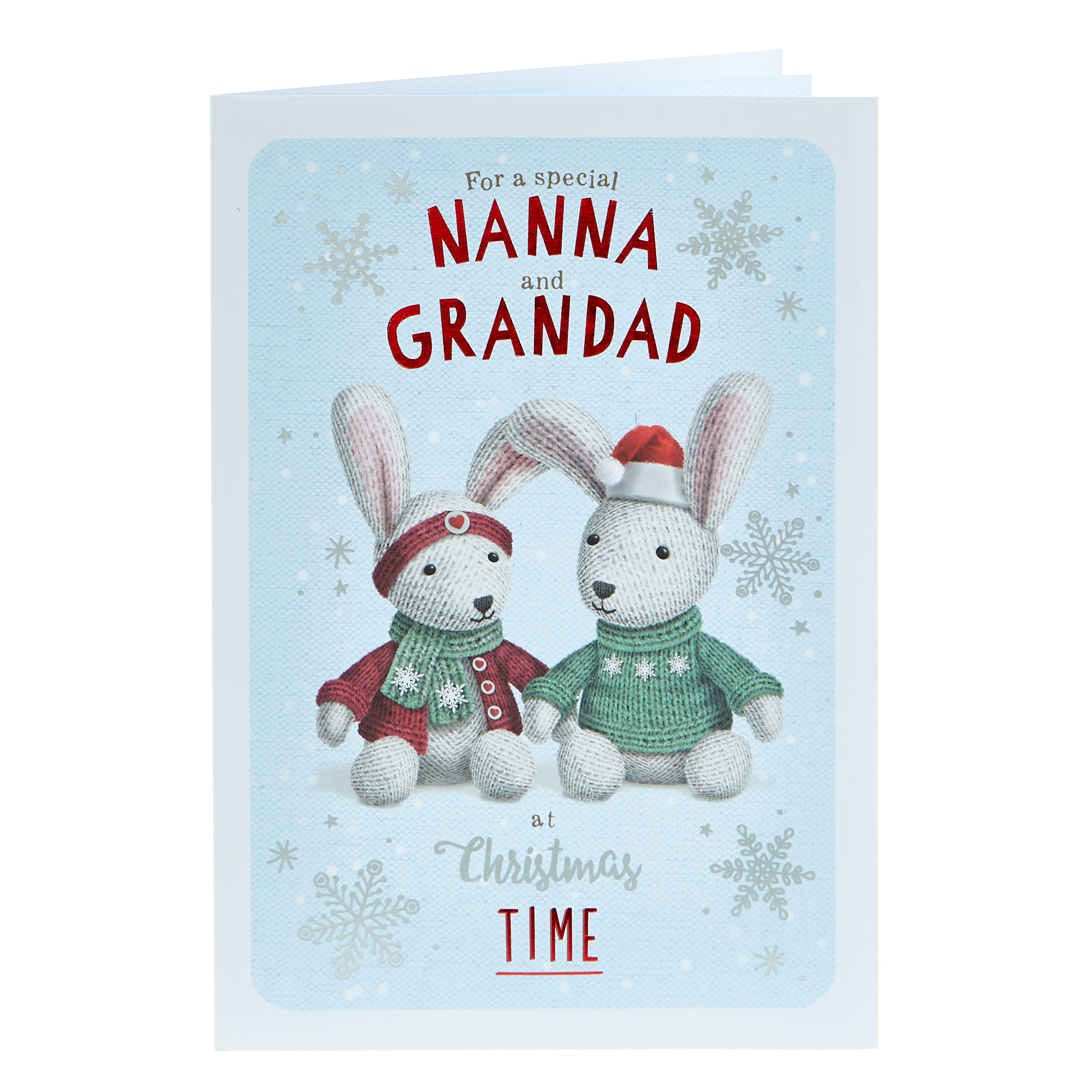 Christmas Card - Nana And Grandad, Knitted Christmas Rabbits
