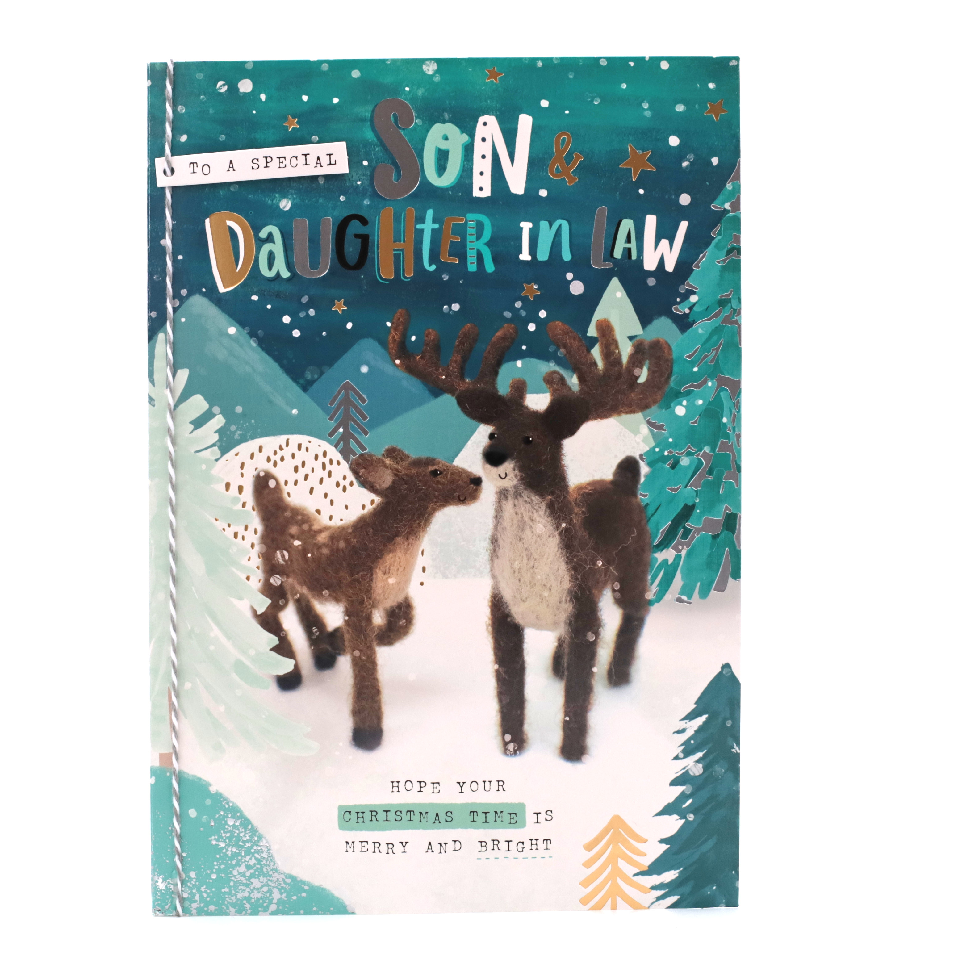 Christmas Card - Son And Daughter In Law, Cute Snow Reindeer