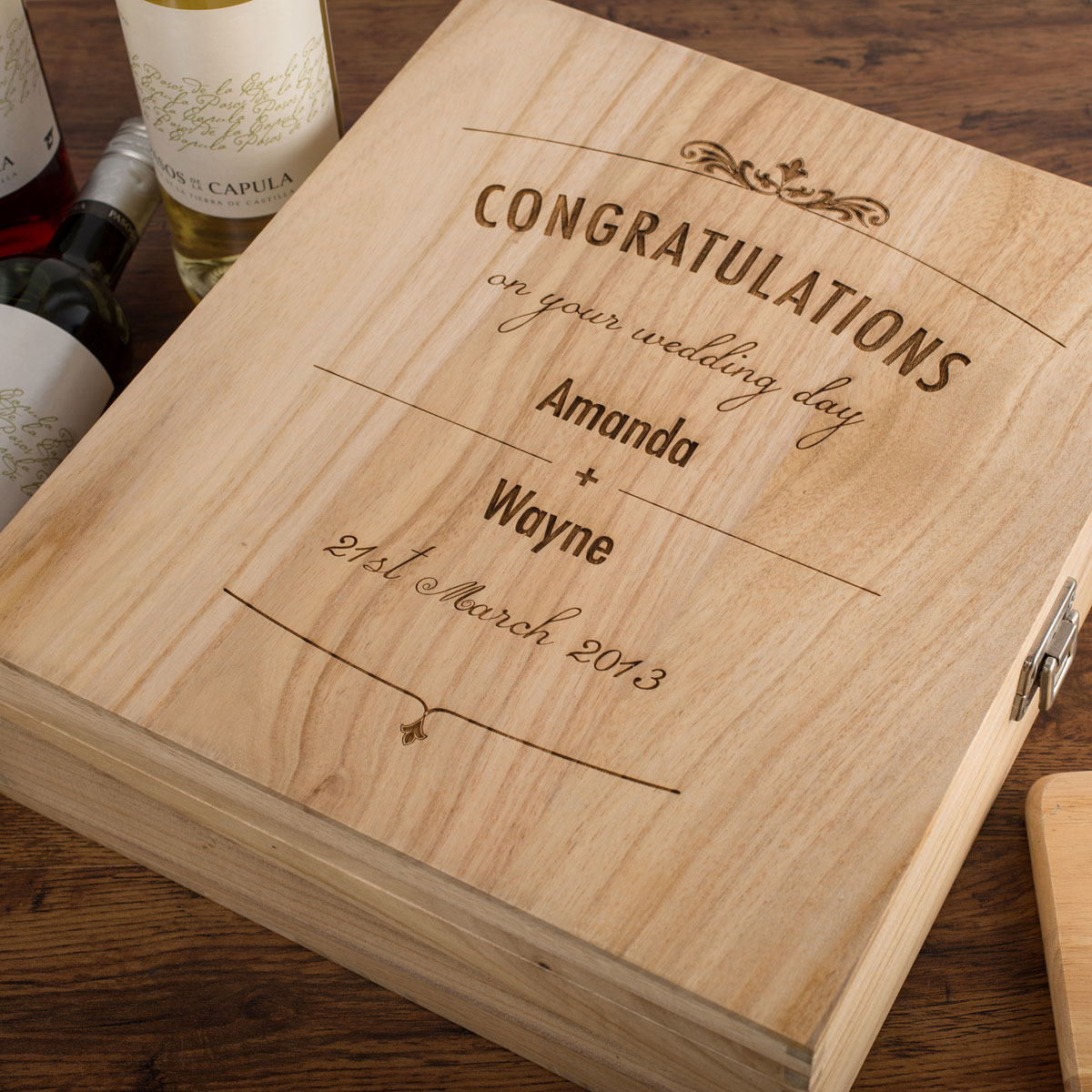 Personalised 3 Bottle Luxury Wooden Wine Box - Wedding Day Congratulations