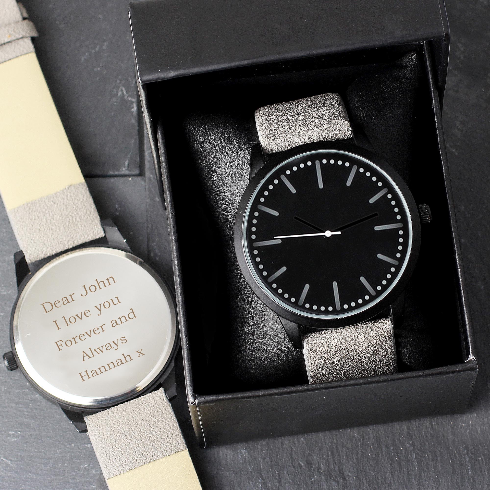 Personalised Men's Matte Black Watch with Grey Strap & Presentation Box