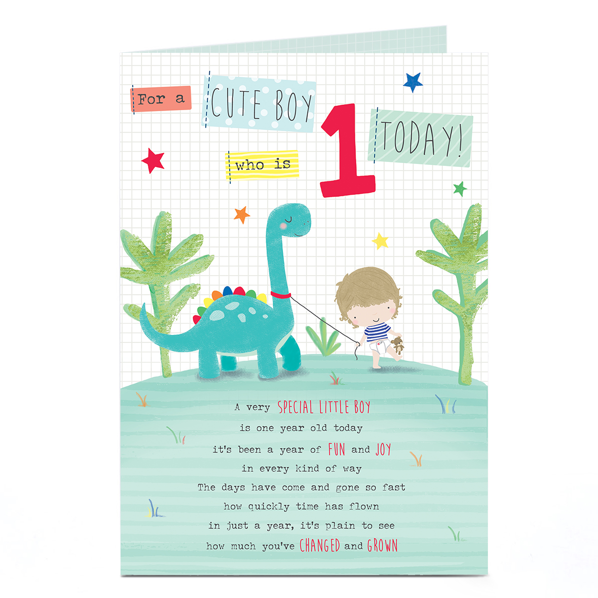 1st Birthday Card - Boy With Dinosaur