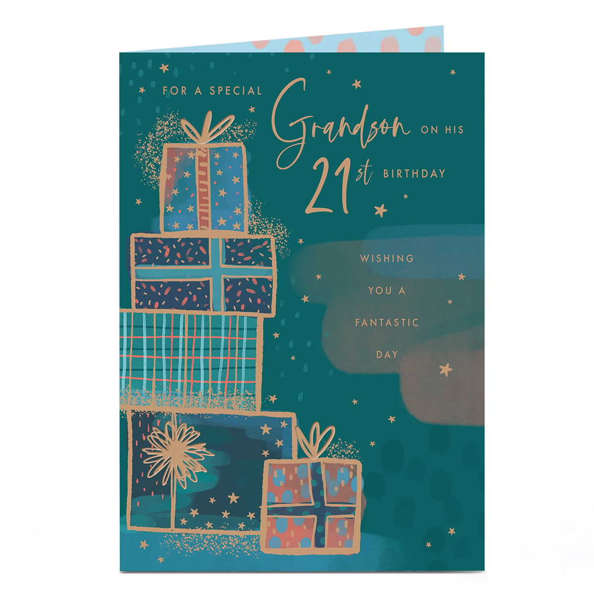 21st Birthday Card - Pile of Presents, Grandson