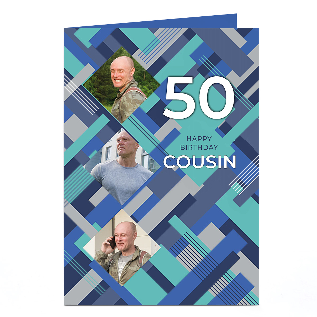 Photo Birthday Card - Geometric Blue, Cousin, Editable Age