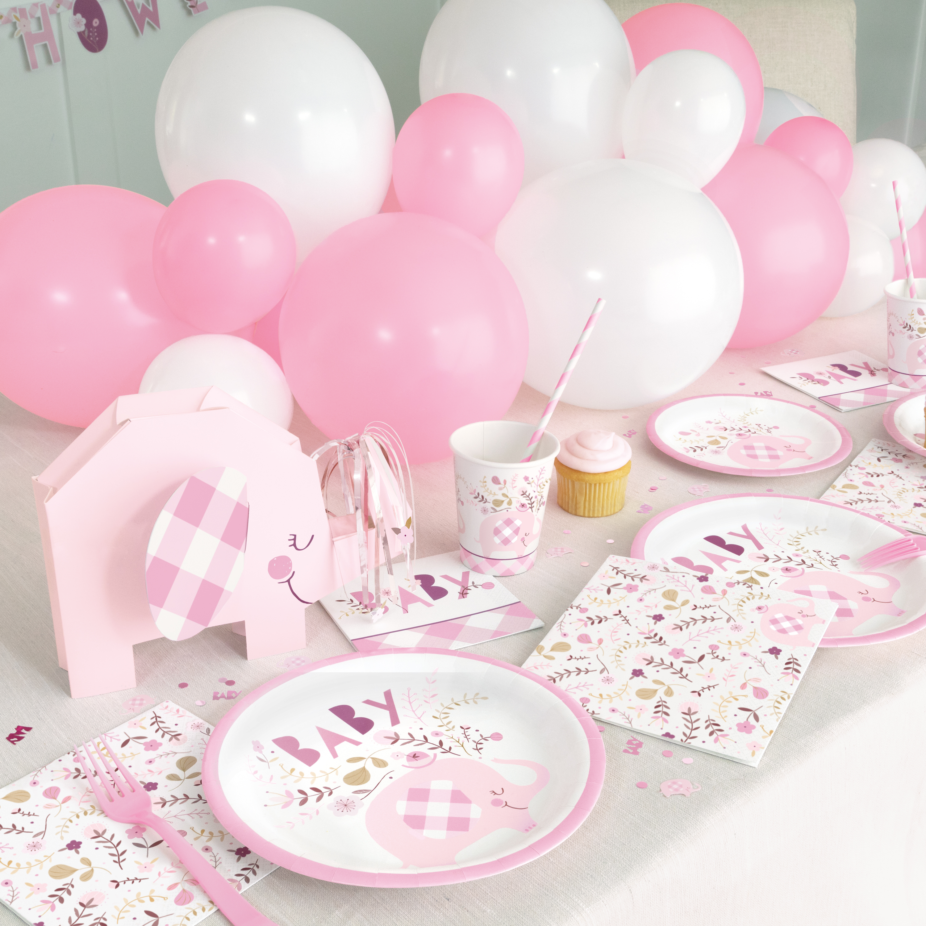 Pink Elephant Baby Shower Tableware & Decorations - 16 Guests 
