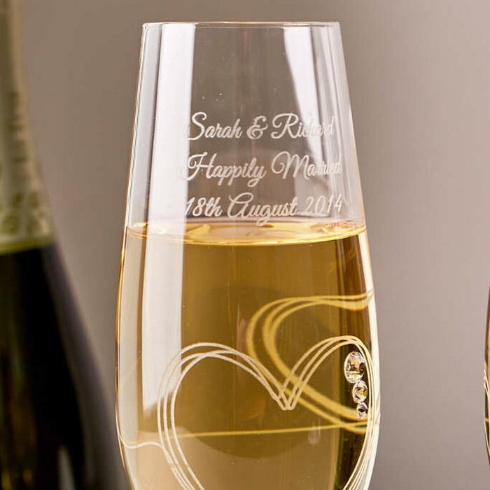 Engraved Set Of Two String of Love Champagne Flutes Embellished with Crystals