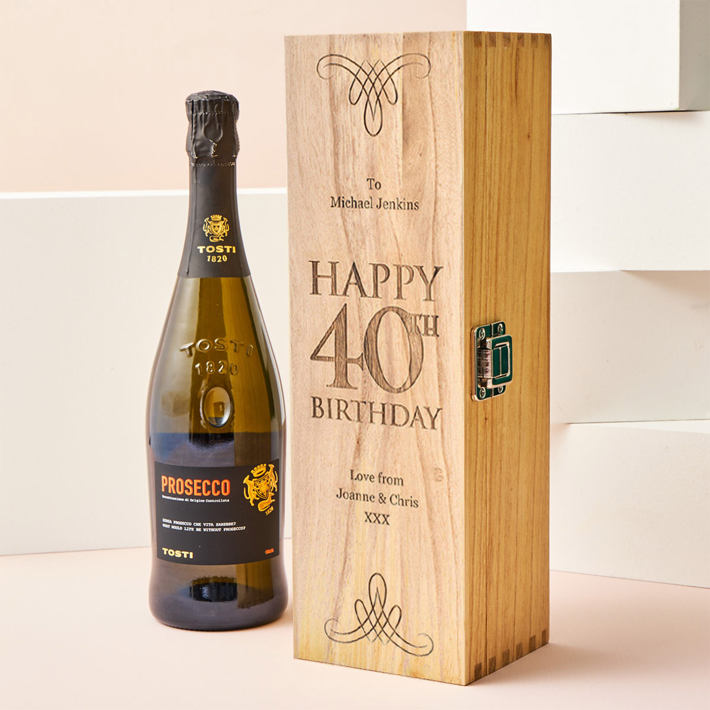 Engraved Wooden Box With Luxury Prosecco - 40th Birthday