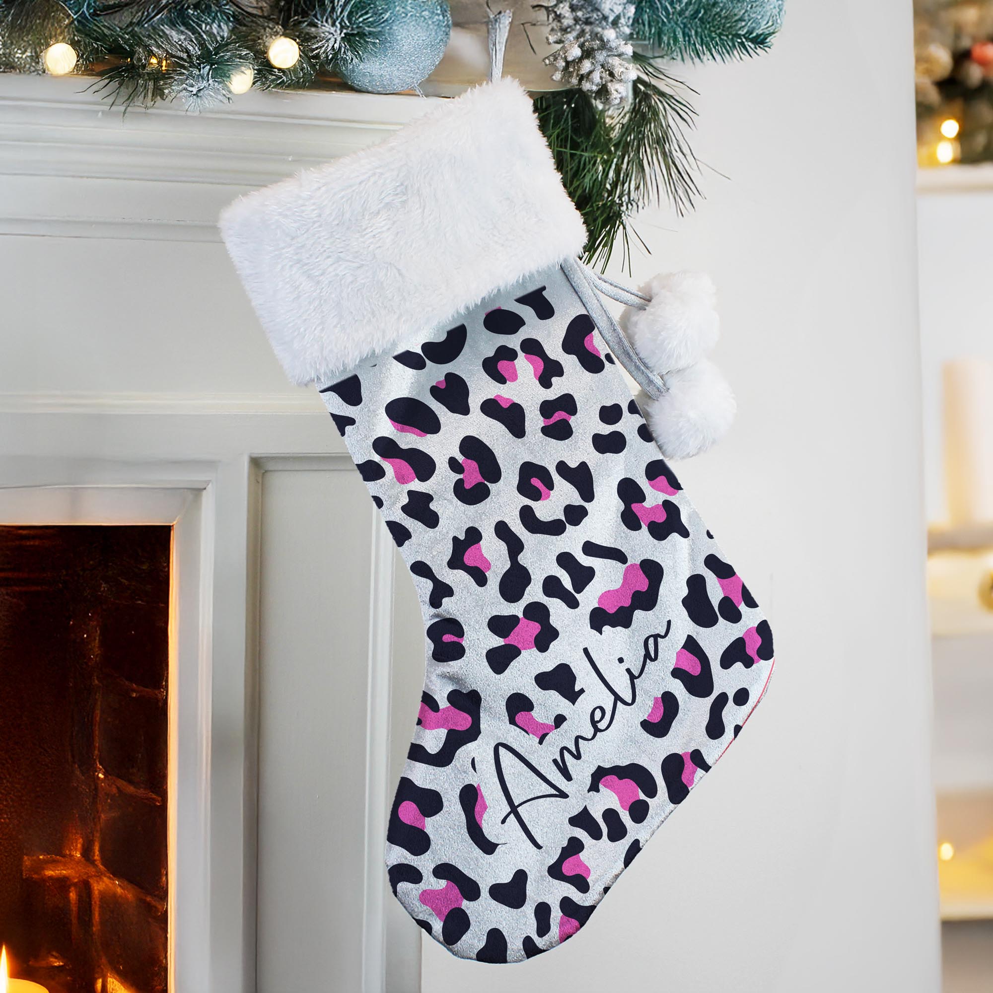 Personalised Leopard Print Christmas Stocking,  Personalised Leopard Print Christmas Stocking