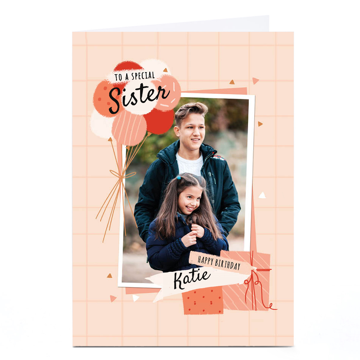 Personalised Little Mono Birthday Card - Sister Peach Balloons, Any Relation