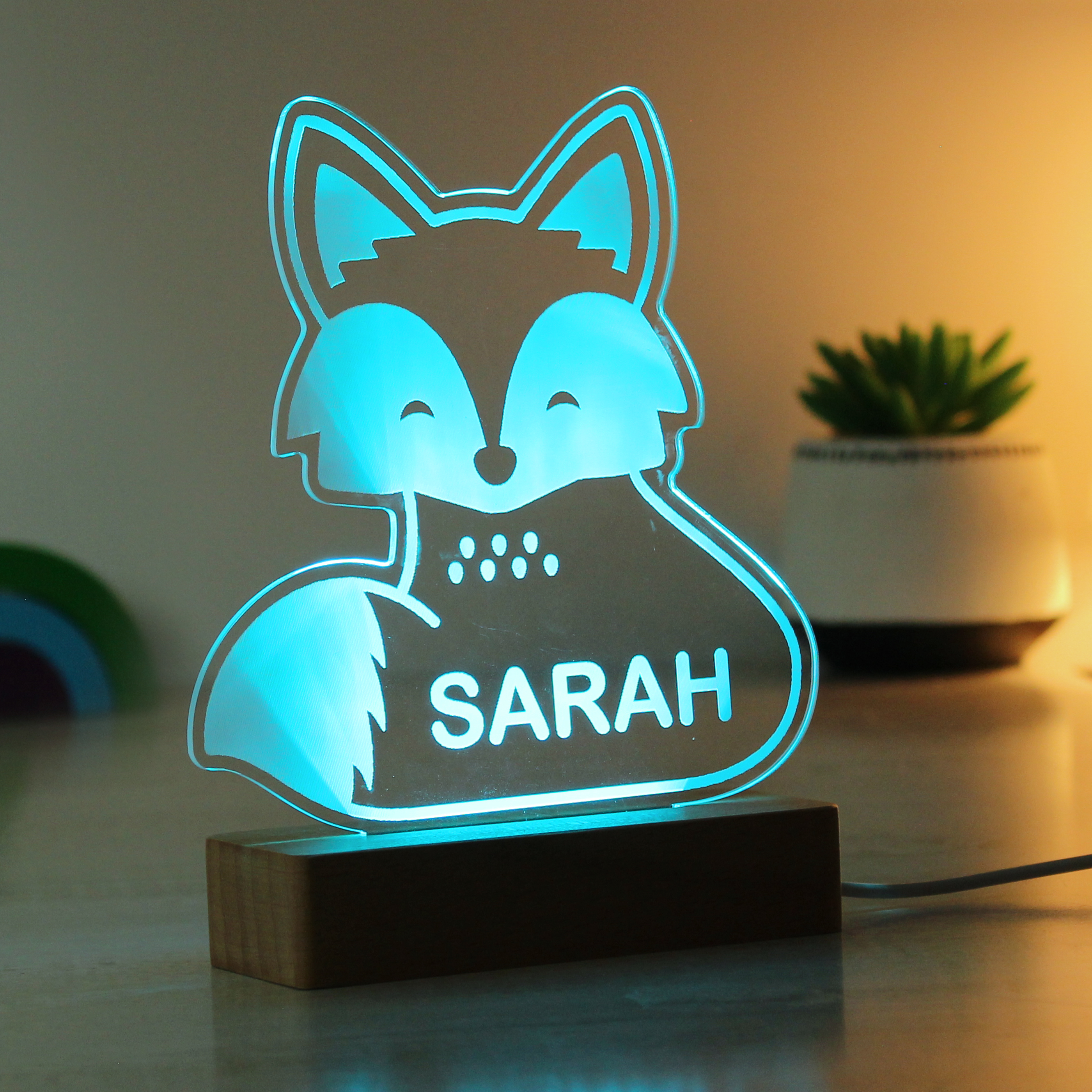 Personalised Fox Wooden Based LED Light