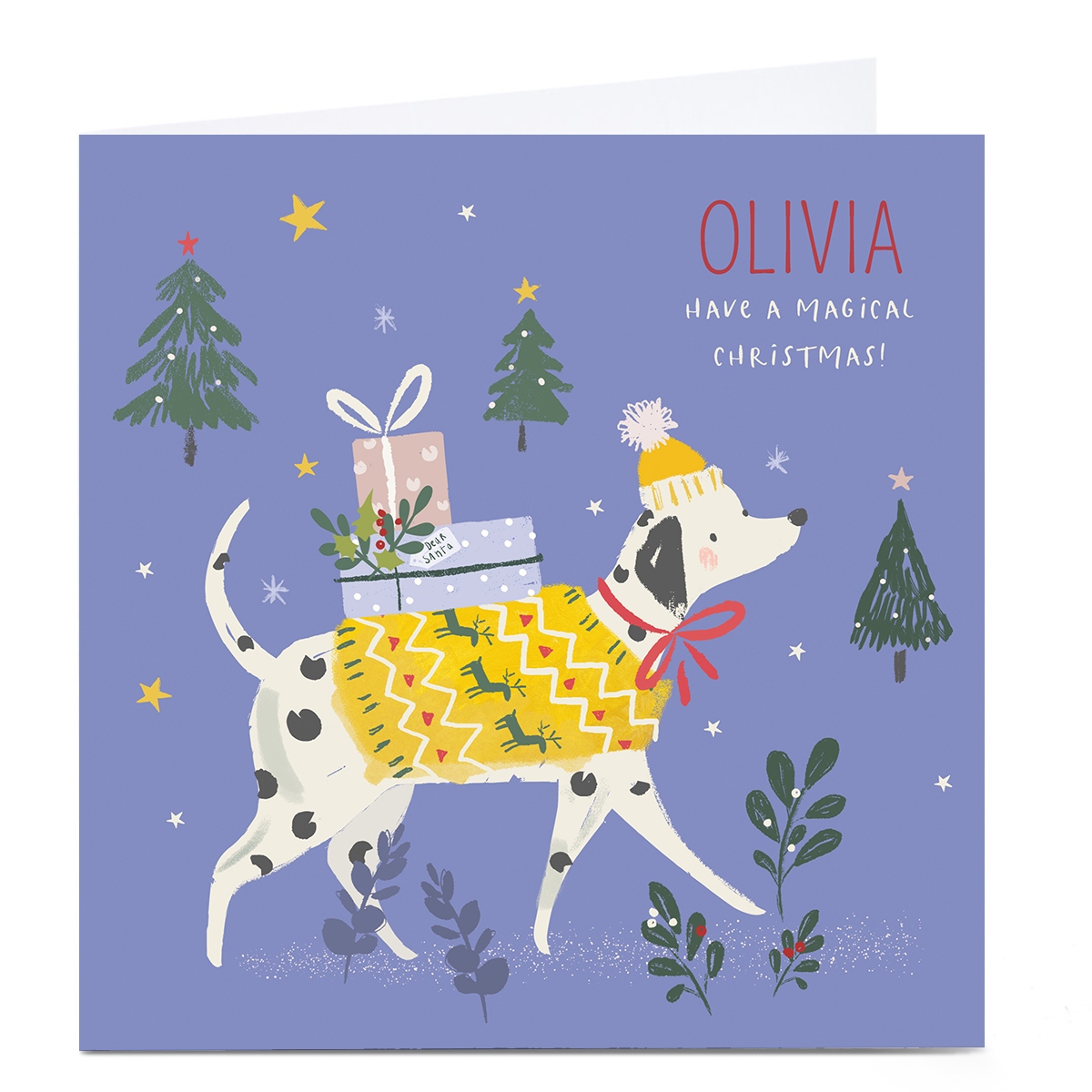 Personalised Nikki Upsher Christmas Card - Dog with Presents