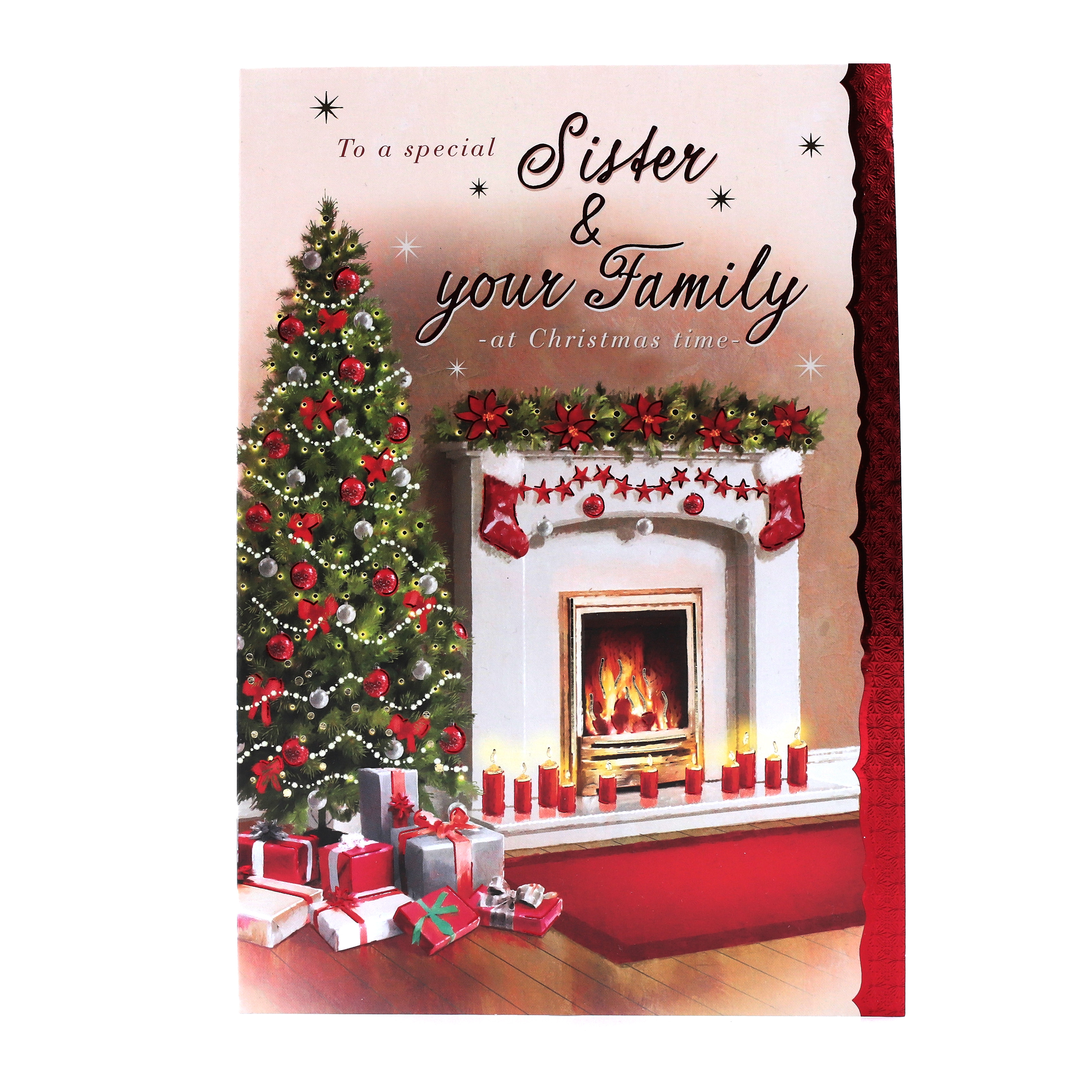 Christmas Card - Sister And Your Family, Traditional Festive Fireplace
