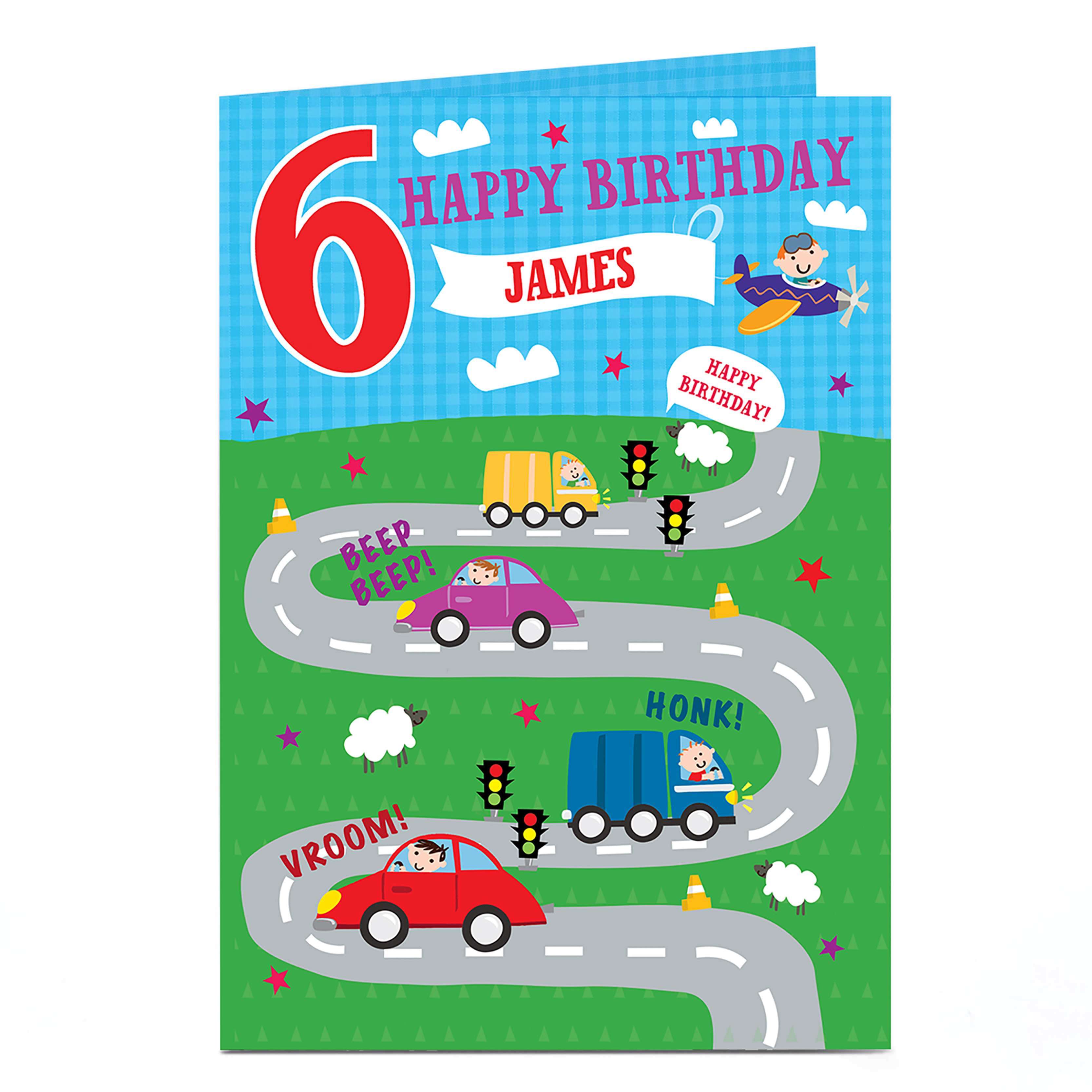 Personalised  Birthday Card - Cartoon Cars, Editable Age