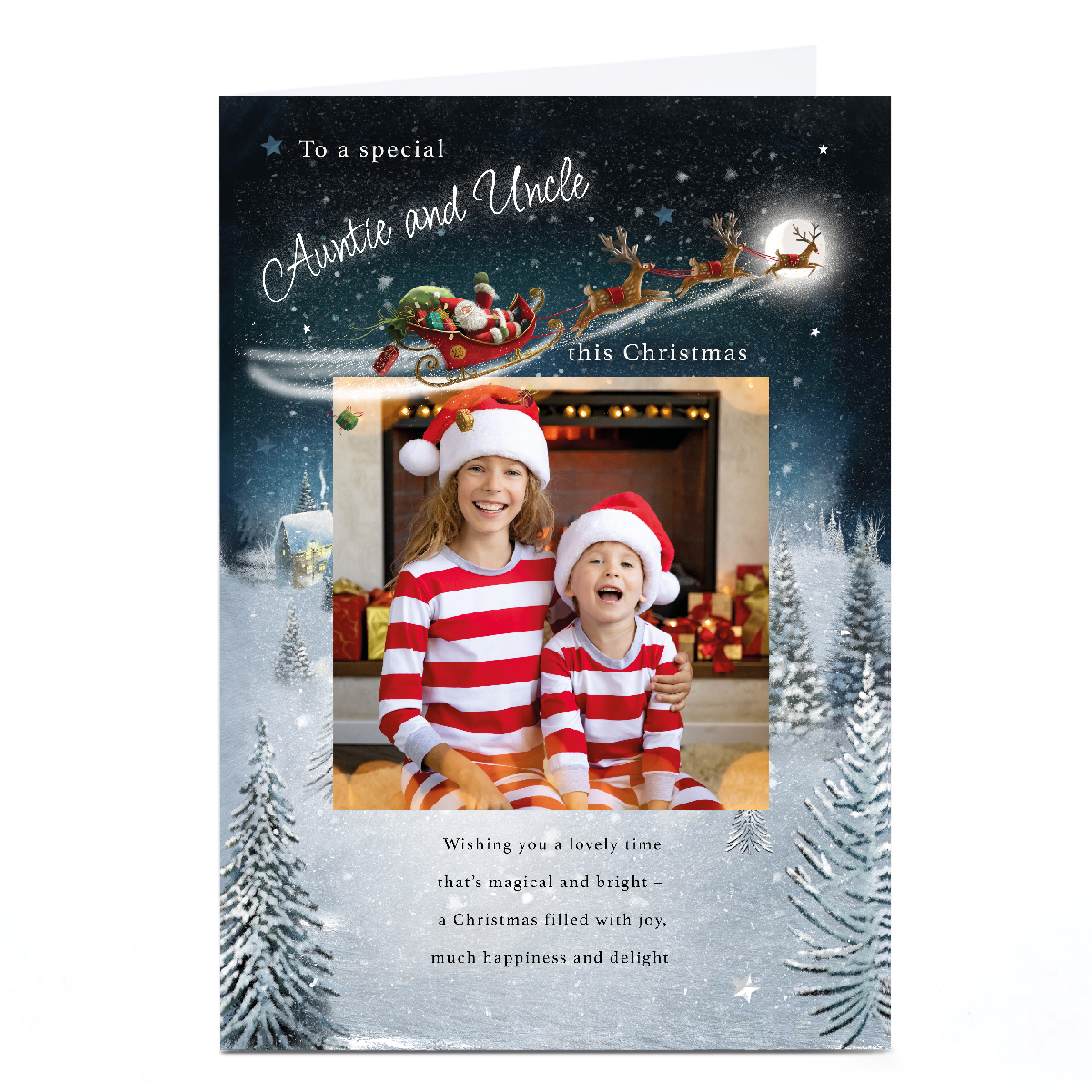 Photo Christmas Card - Santa's Sleigh over Snowy Town, Auntie and Uncle