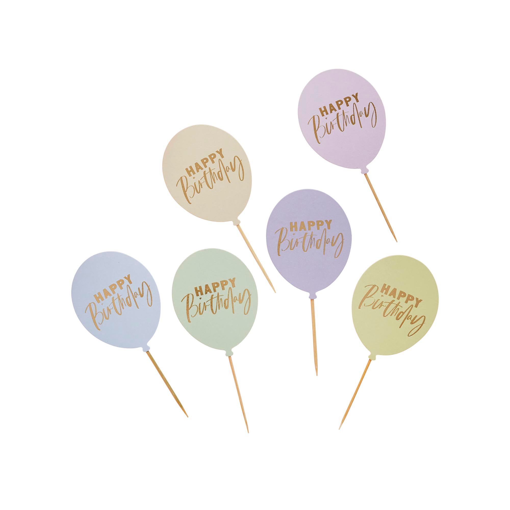 Pastel Happy Birthday Balloon Food Picks - Pack of 12