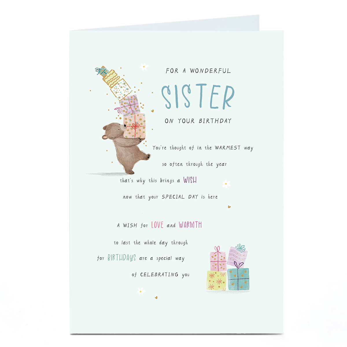 Birthday Card - Bear with Presents Poem, Sister