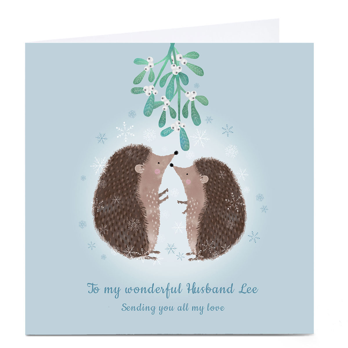 Personalised Kerry Spurling Christmas Card - Blue Hedgehogs & Mistletoe