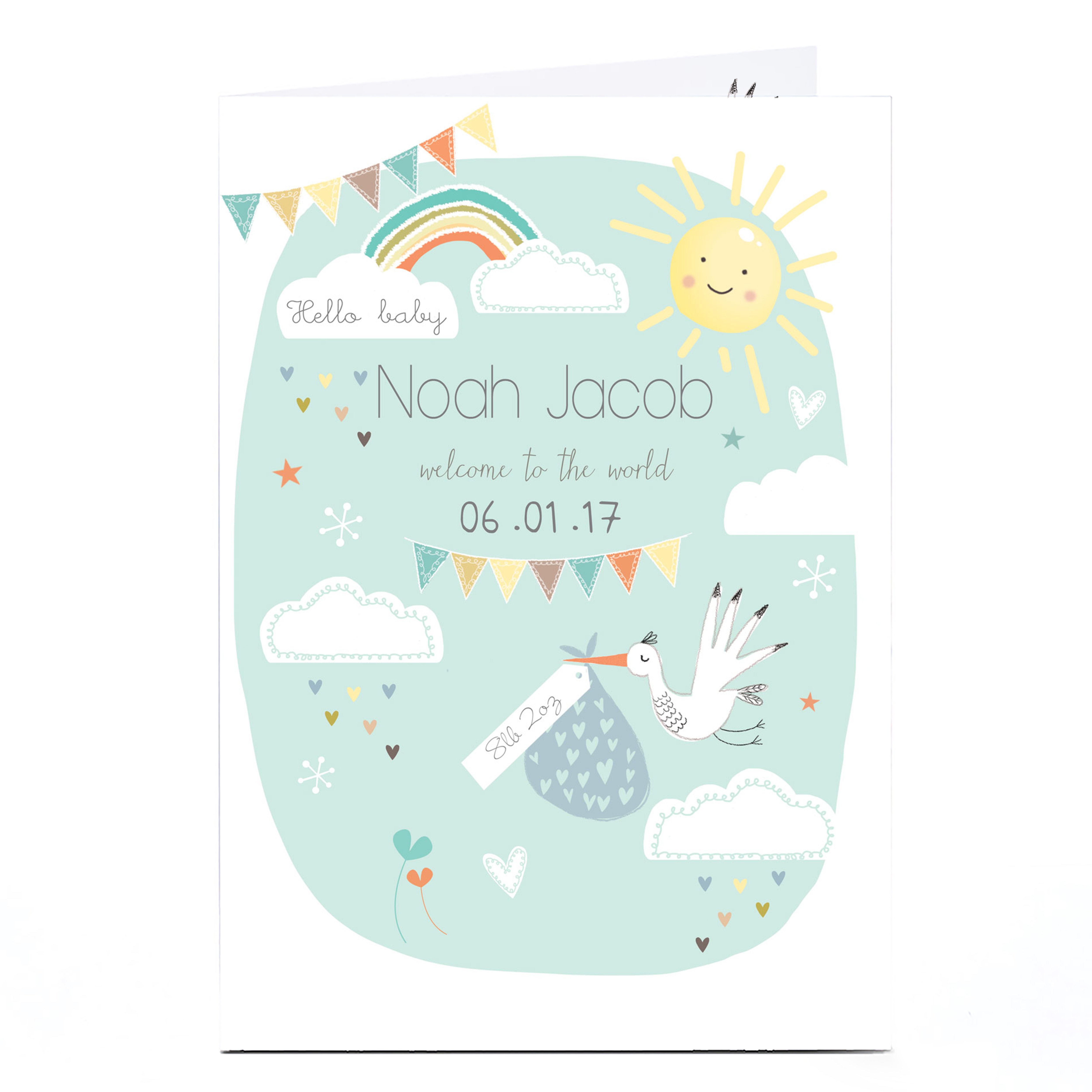 Personalised New Baby Card - Stork & Rainbow, Mint Green