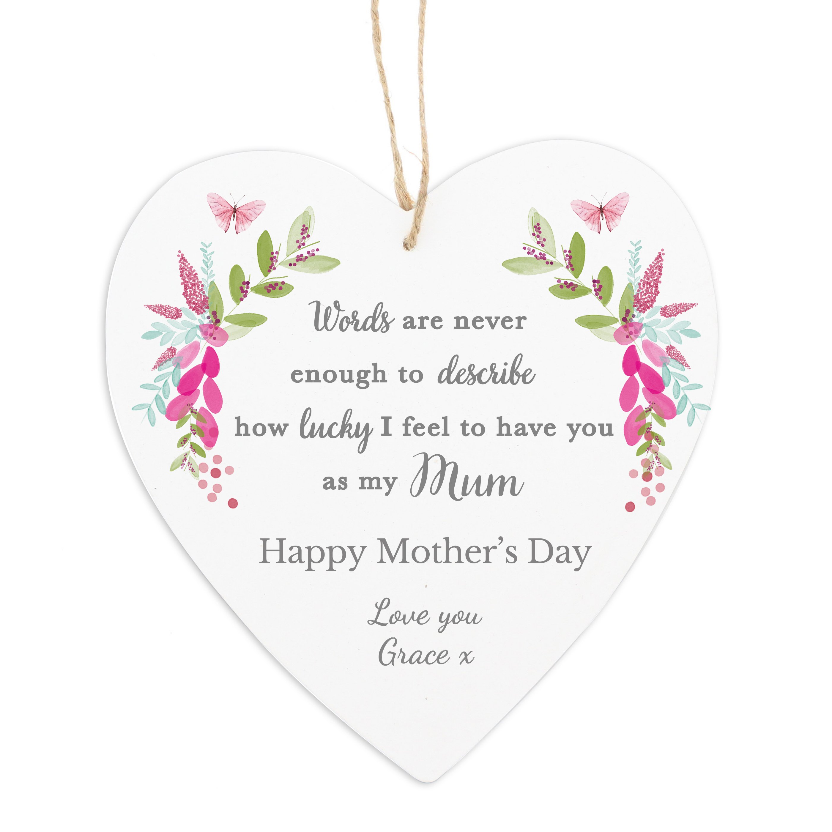 Personalised Floral Wooden Heart Plaque - Mum