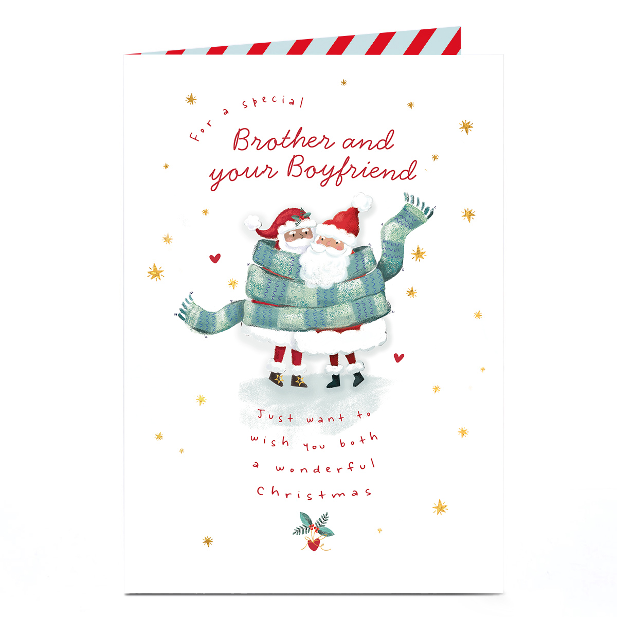 Christmas Card - Santas in Scarf, Brother And Boyfriend