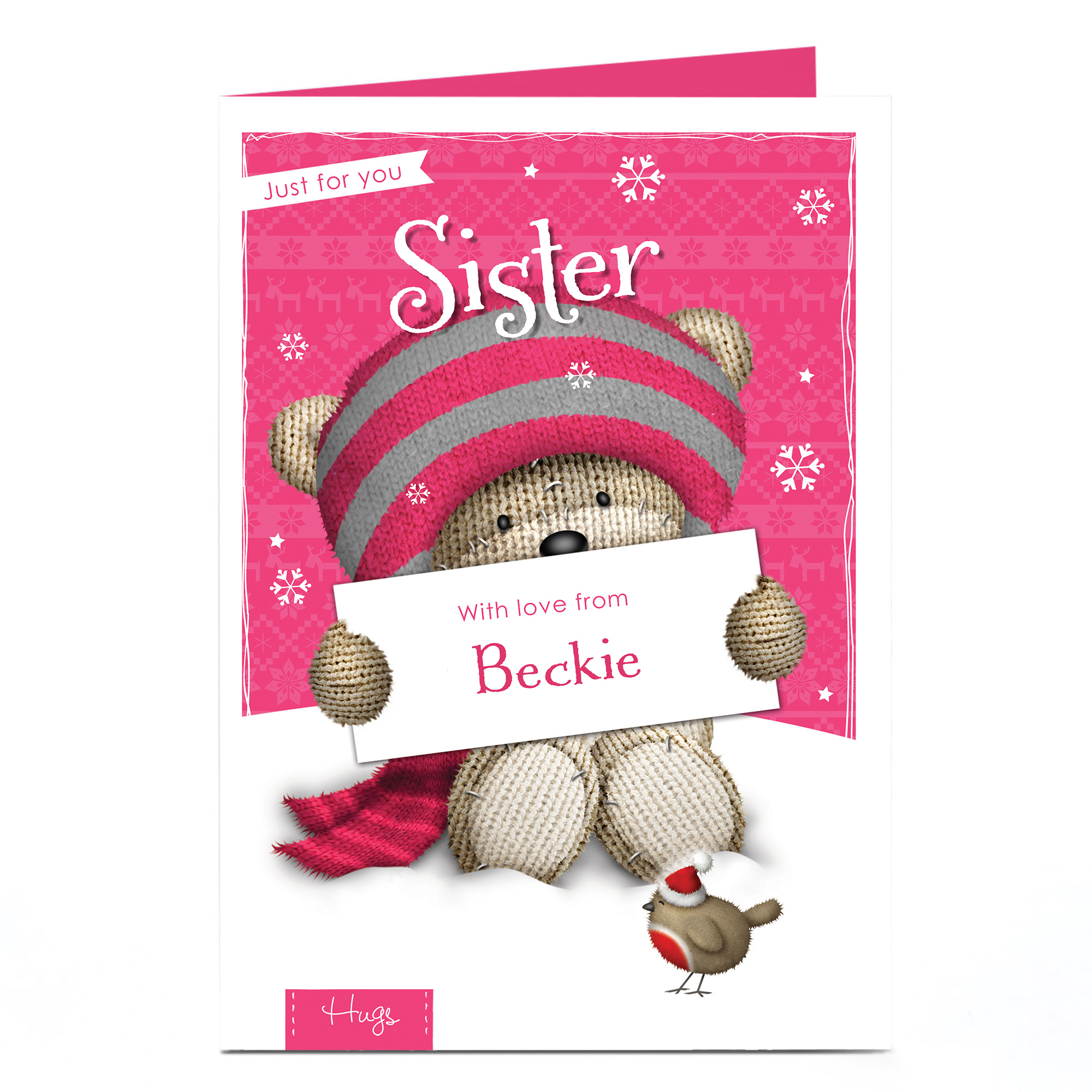 Hugs Personalised Christmas Card - Pink Bear