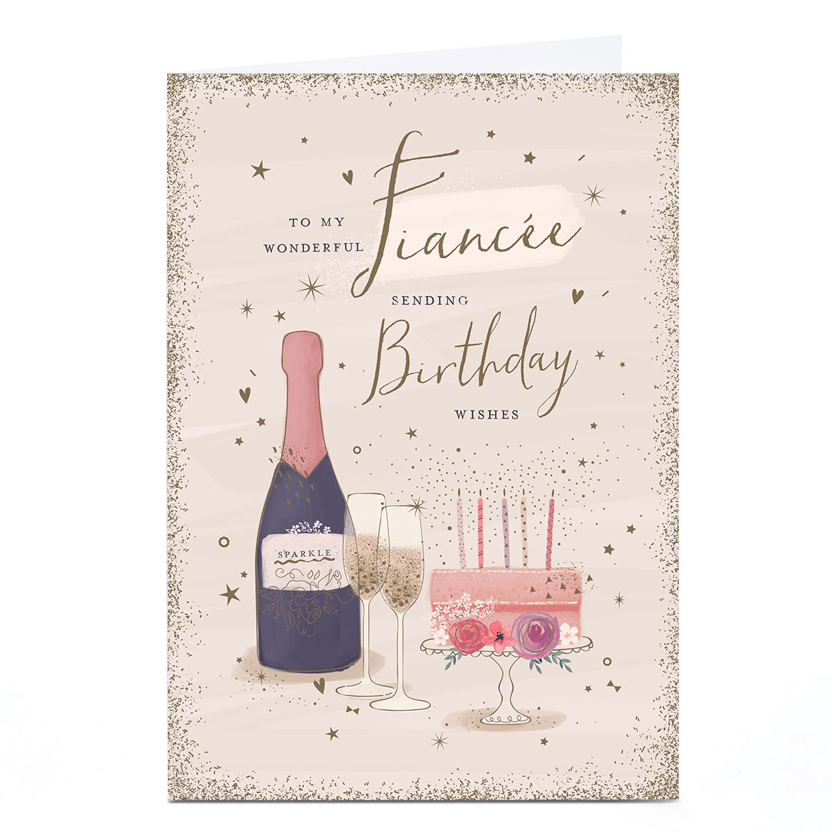Personalised Birthday Card - Sparkle Champagne and Cake, Fiancee