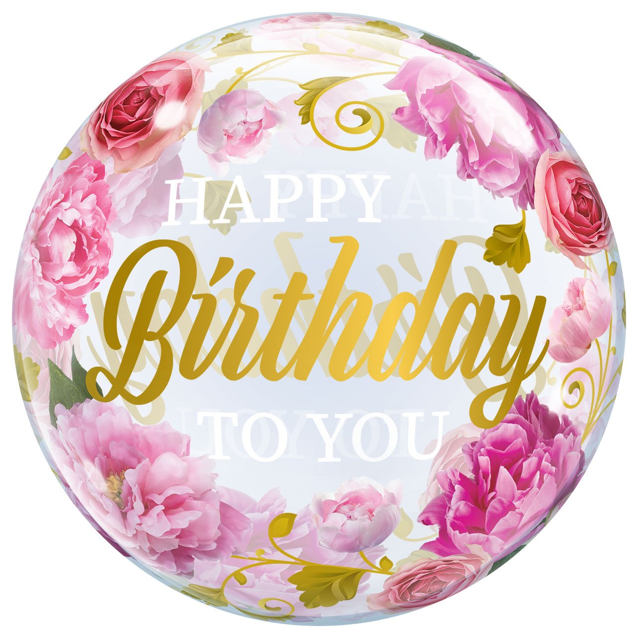 22-Inch Happy Birthday Pink Peonies Bubble Balloon - DELIVERED INFLATED!