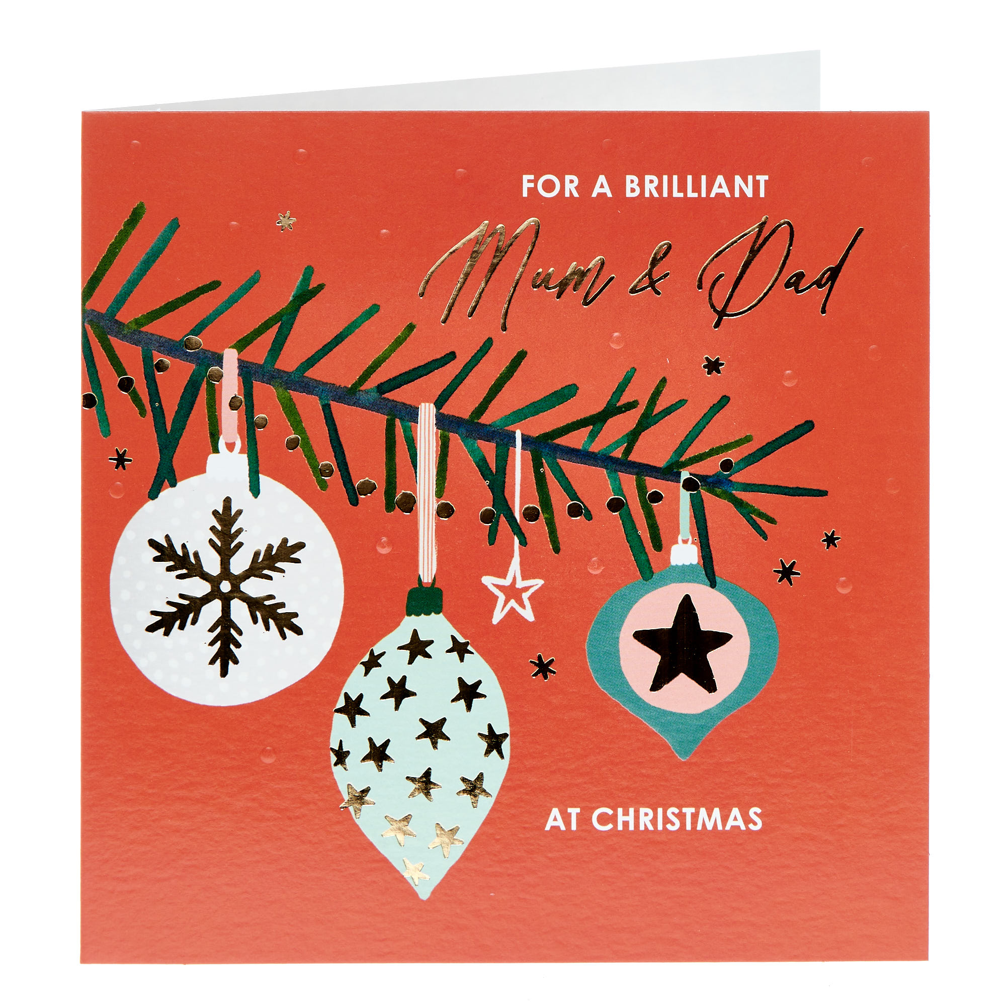Mum & Dad Hanging Baubles Christmas Card