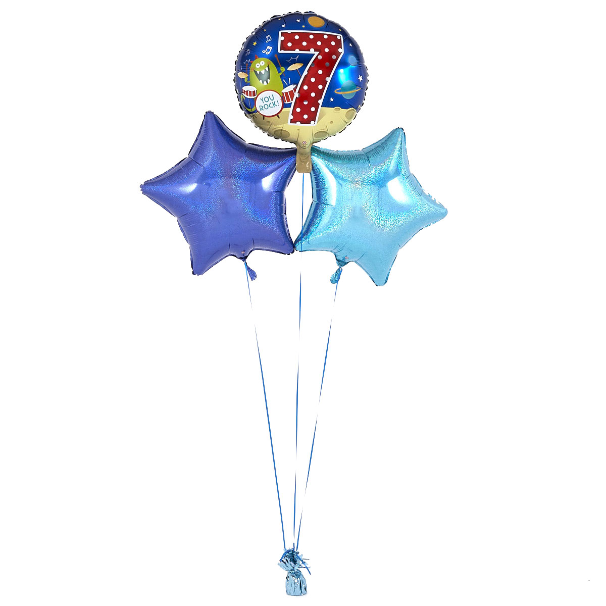 7th Birthday Space Monster Blue Balloon Bouquet - DELIVERED INFLATED!