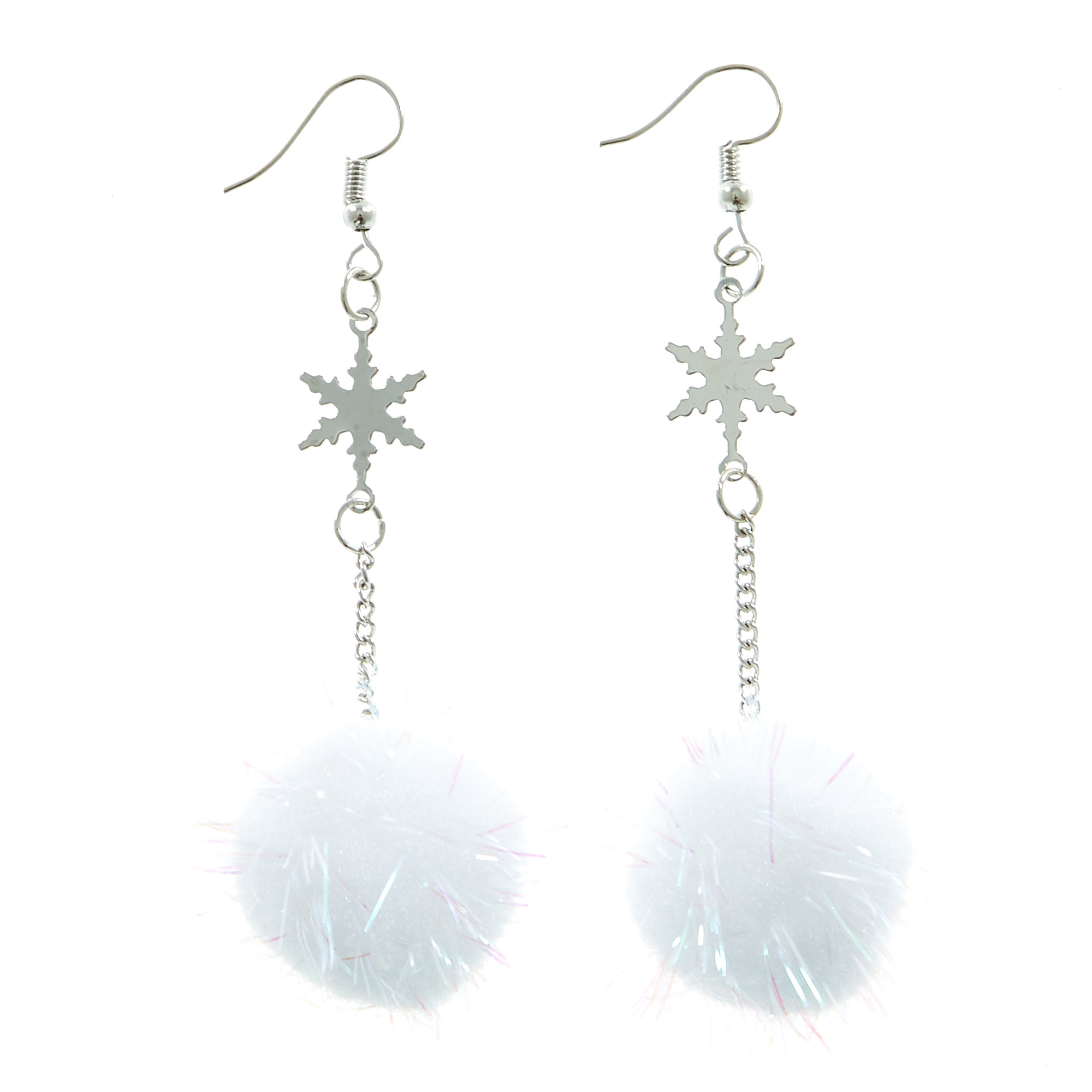 White Snowflake Pom-Pom Christmas Earrings